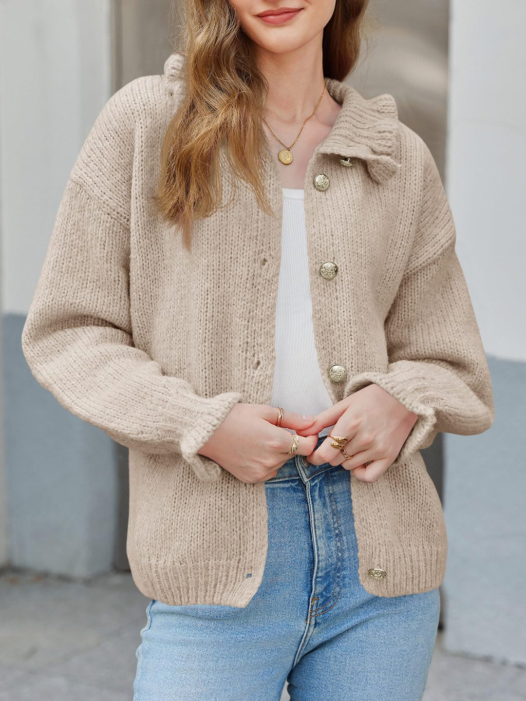 Saodimallsu Womens Ruffle Cardigan Oversized Button Up Fall Trendy Ribbed Knit Open Front Long Sleeve Loose Cute Sweater