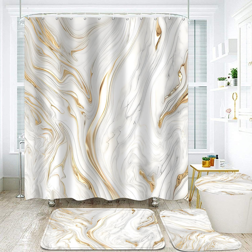 Nkzply 4 Pcs Black Marble Shower Curtain Sets with Rugs Gold Bathroom Sets with Shower Curtain and Rugs Modern Abstract Bathroom Decor Accessories Shower Curtains for Bathroom Toilet Lid Cover