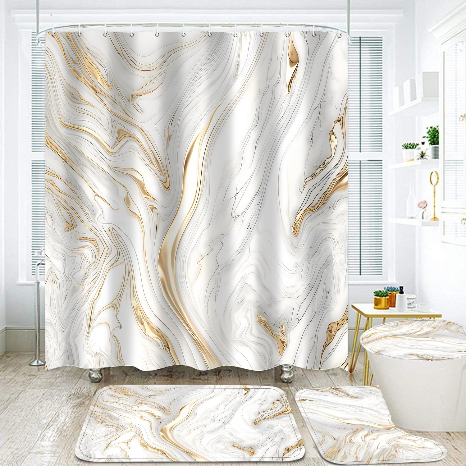Nkzply 4 Pcs Black Marble Shower Curtain Sets with Rugs Gold Bathroom Sets with Shower Curtain and Rugs Modern Abstract Bathroom Decor Accessories Shower Curtains for Bathroom Toilet Lid Cover