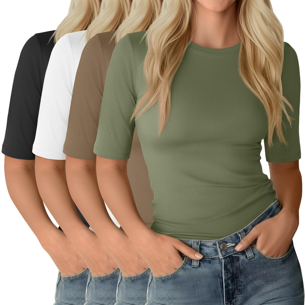 Neer 4 Pack Women's Half Sleeve Tops Elbow Length Slim Fit Crewneck T-Shirts 1/2 Sleeve Casual Summer Basic Tees