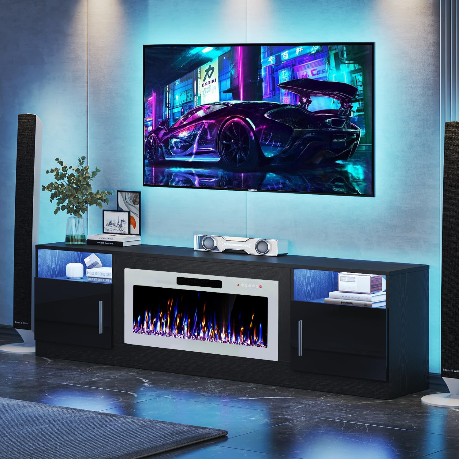 VITESSE 58 Inches Fireplace TV Stand for TVs up to 65 Inches Console with 18'' Electric Fireplace & Remote,Wooden Modern Entertainment Center for Living Room with LED Light Glass Shelves（Bei）