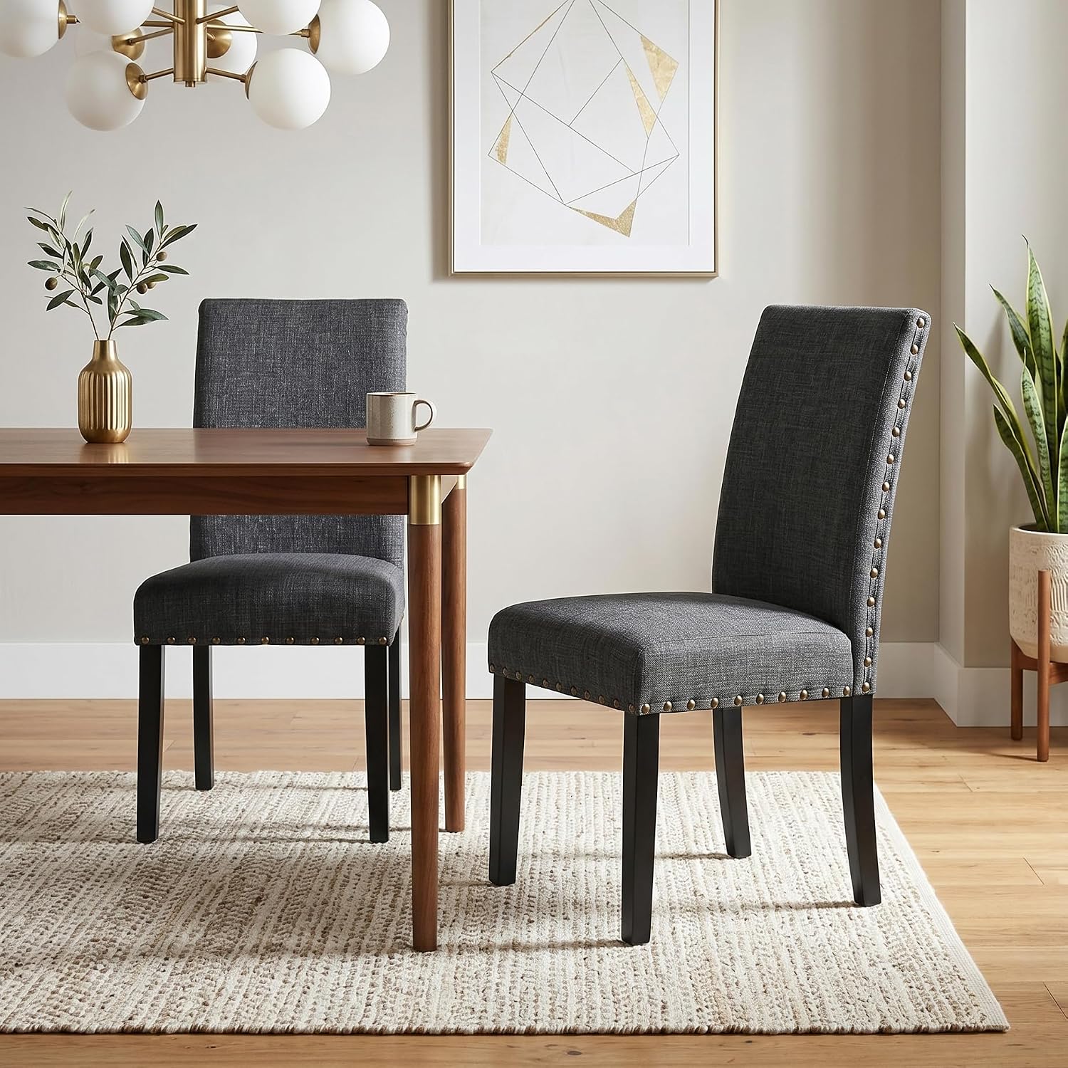 Roundhill Furniture Biony Gray Fabric Dining Chairs with Nailhead Trim, Pack of 2