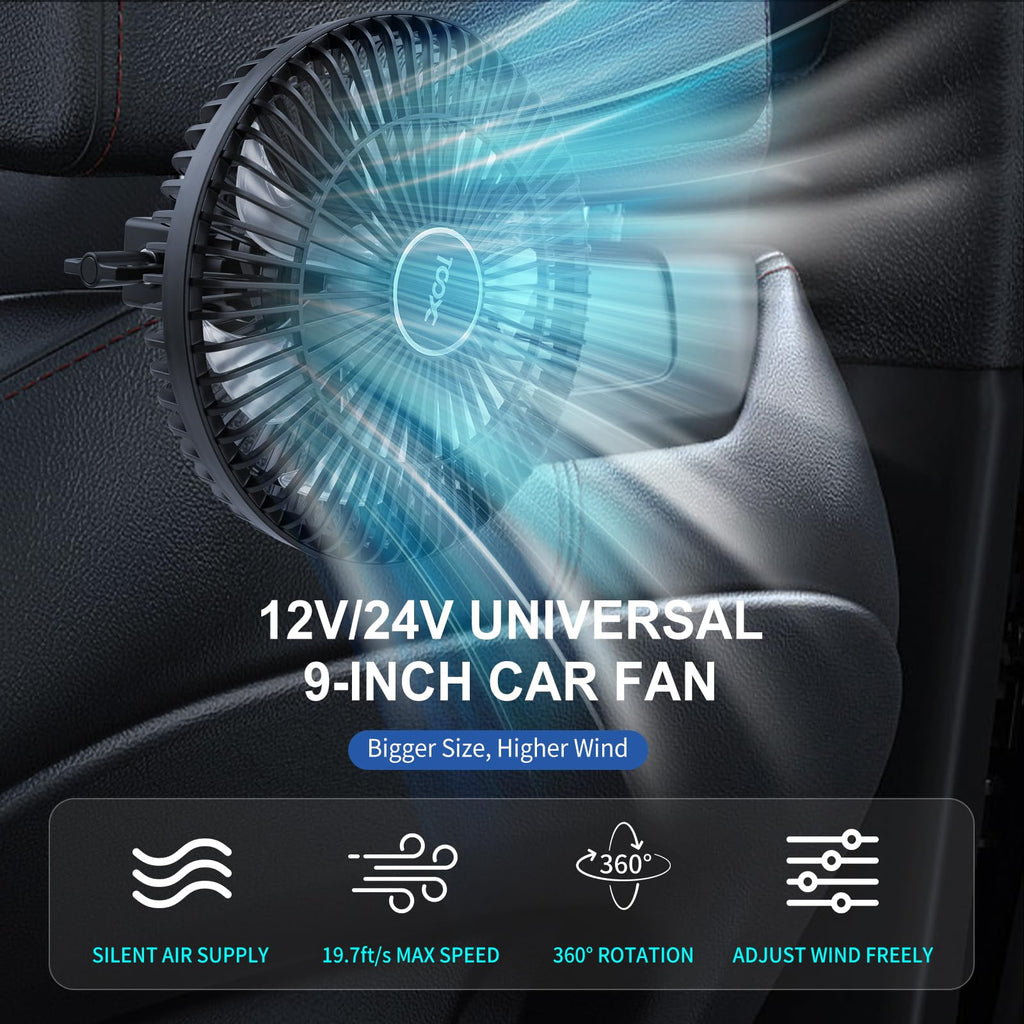 XOOL Clip Car Fan, 9 Inches 12V/24V Fan, 360° Rotatable Electric Cooling Clip on Fan with Stepless Speed Regulation for SUV, RV, Truck