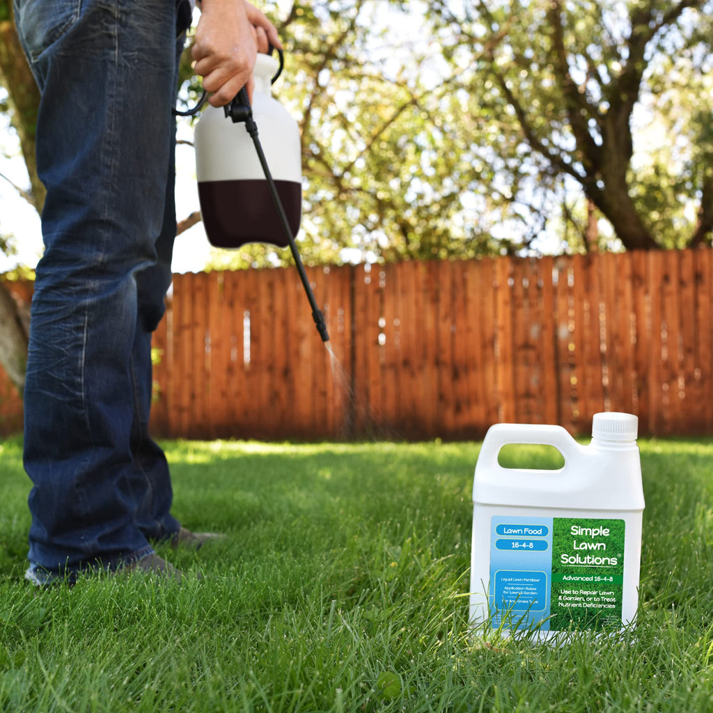 Advanced 16-4-8 Lawn Fertilizer - Liquid Lawn Food Spring & Summer Concentrated Spray - Any Grass Type- Fish and Seaweed Kelp- Balanced NPK - Simple Lawn Solutions (1 Gallon)