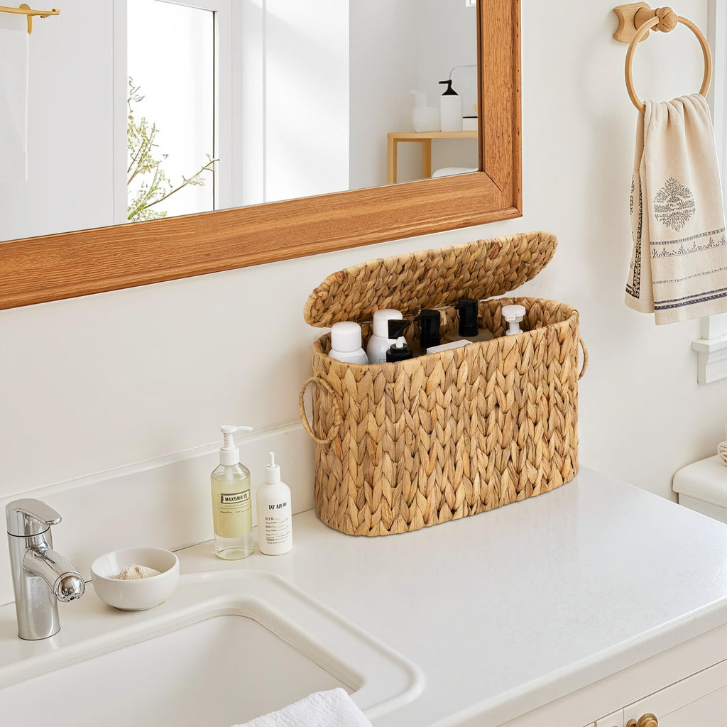 StorageWorks Bathroom Toilet Paper Storage Holder with Lid, Wicker Toilet Paper Basket for 6 Regular Rolls, Slim Basket Organizer with Handles, Water Hyacinth Storage Baskets for Bathroom, Brown