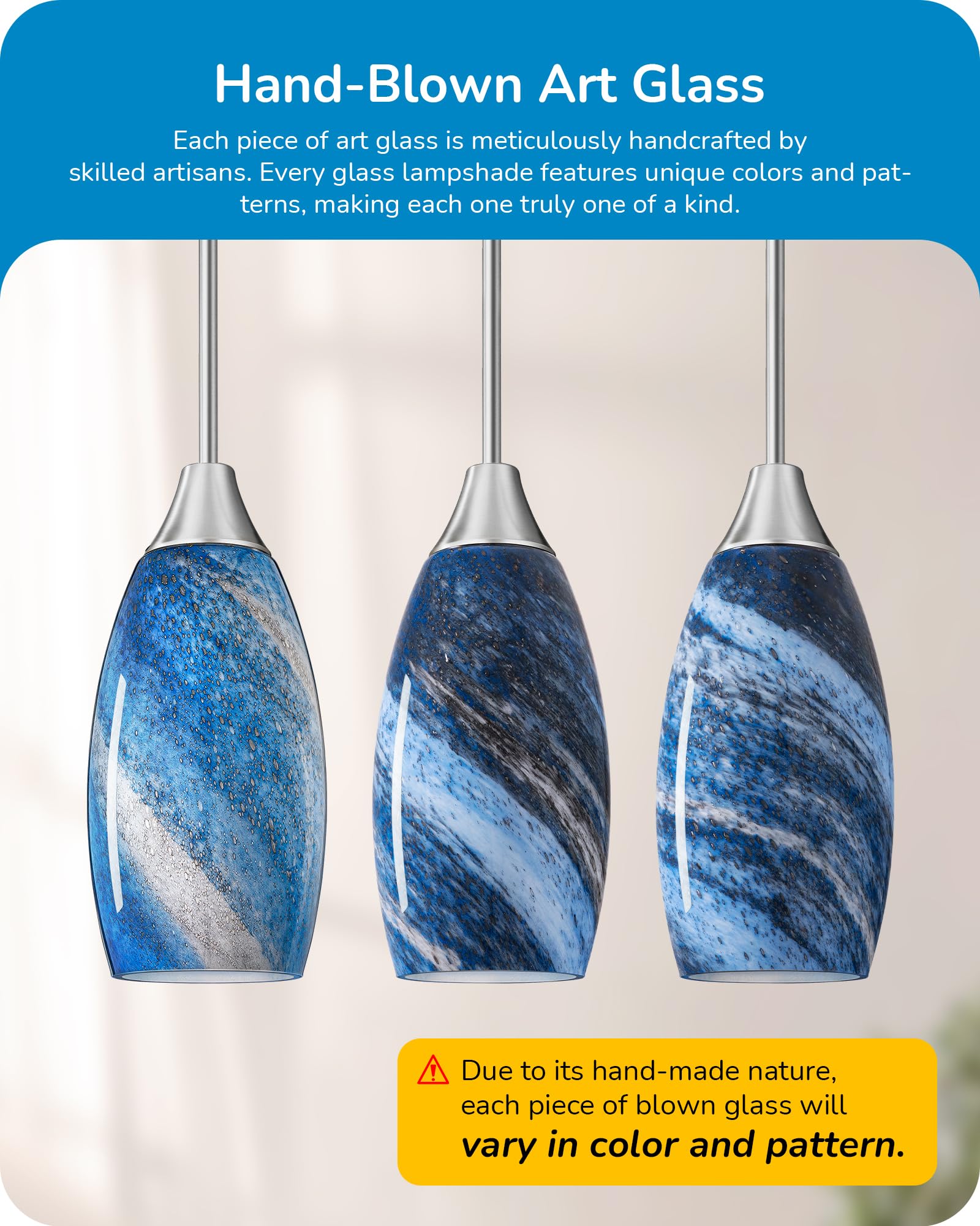 EDISHINE Pendant Light, Hand Blown Hanging Light Fixture, Adjustable Brushed Nickel Rods, 5.12" D x 11.4" H Shade, Blue Glass Pendant Lighting for Kitchen Island, Sink, Bathroom, Dining Room