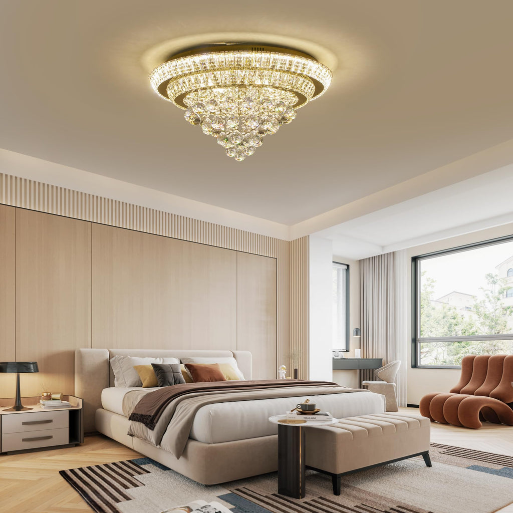 COCOSTAR 20" Gold Crystal Chandeliers, Flush Mount Chandelier LED Ceiling Light, Modern Crystal Raindrop Chandeliers for Dining Room, Living Room, Bedroom