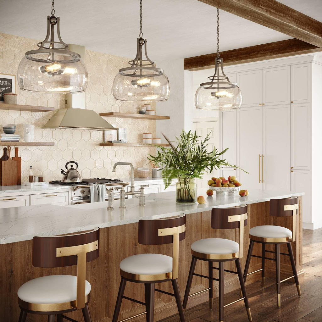 Franklin Iron Works Charleston Satin Nickel Pendant Chandelier 16" Wide Rustic Farmhouse Seeded Clear Glass LED 3-Light Fixture for Dining Room House Foyer Entryway Kitchen Bedroom Living Room