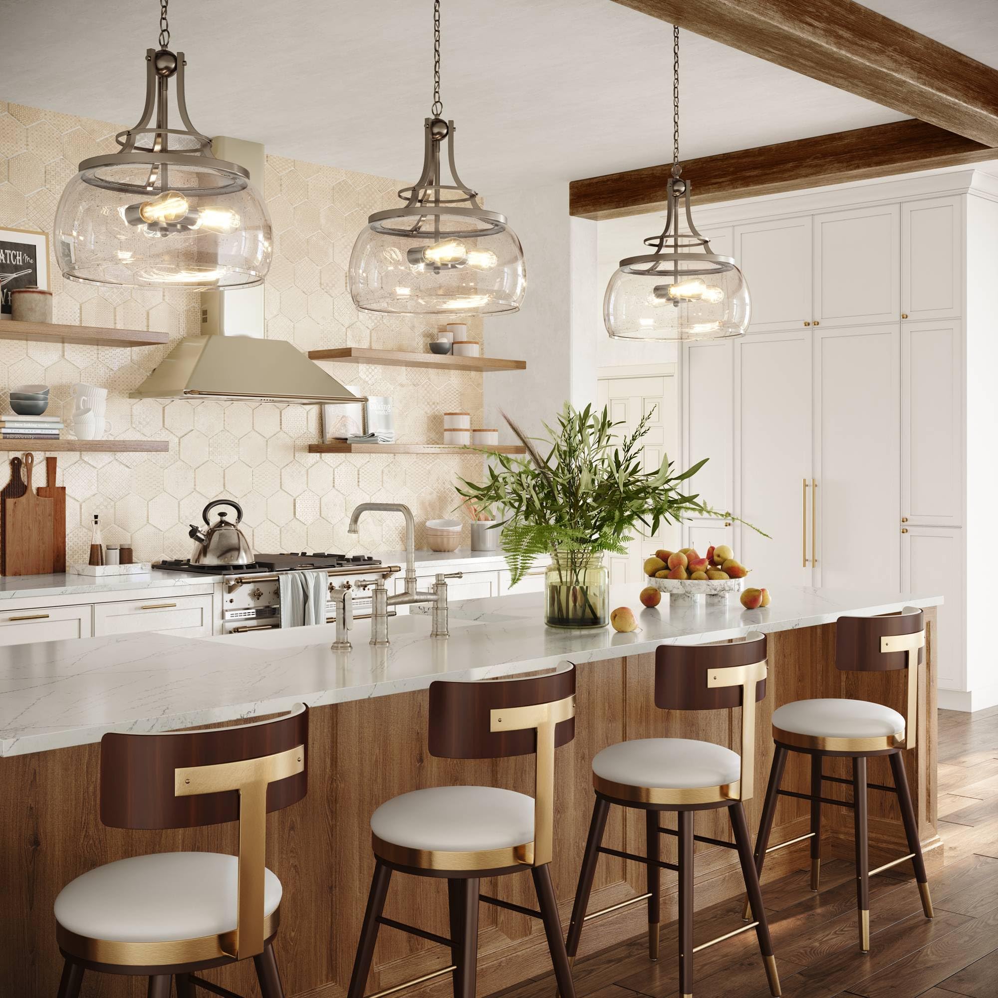 Franklin Iron Works Charleston Satin Nickel Pendant Chandelier 16" Wide Rustic Farmhouse Seeded Clear Glass LED 3-Light Fixture for Dining Room House Foyer Entryway Kitchen Bedroom Living Room