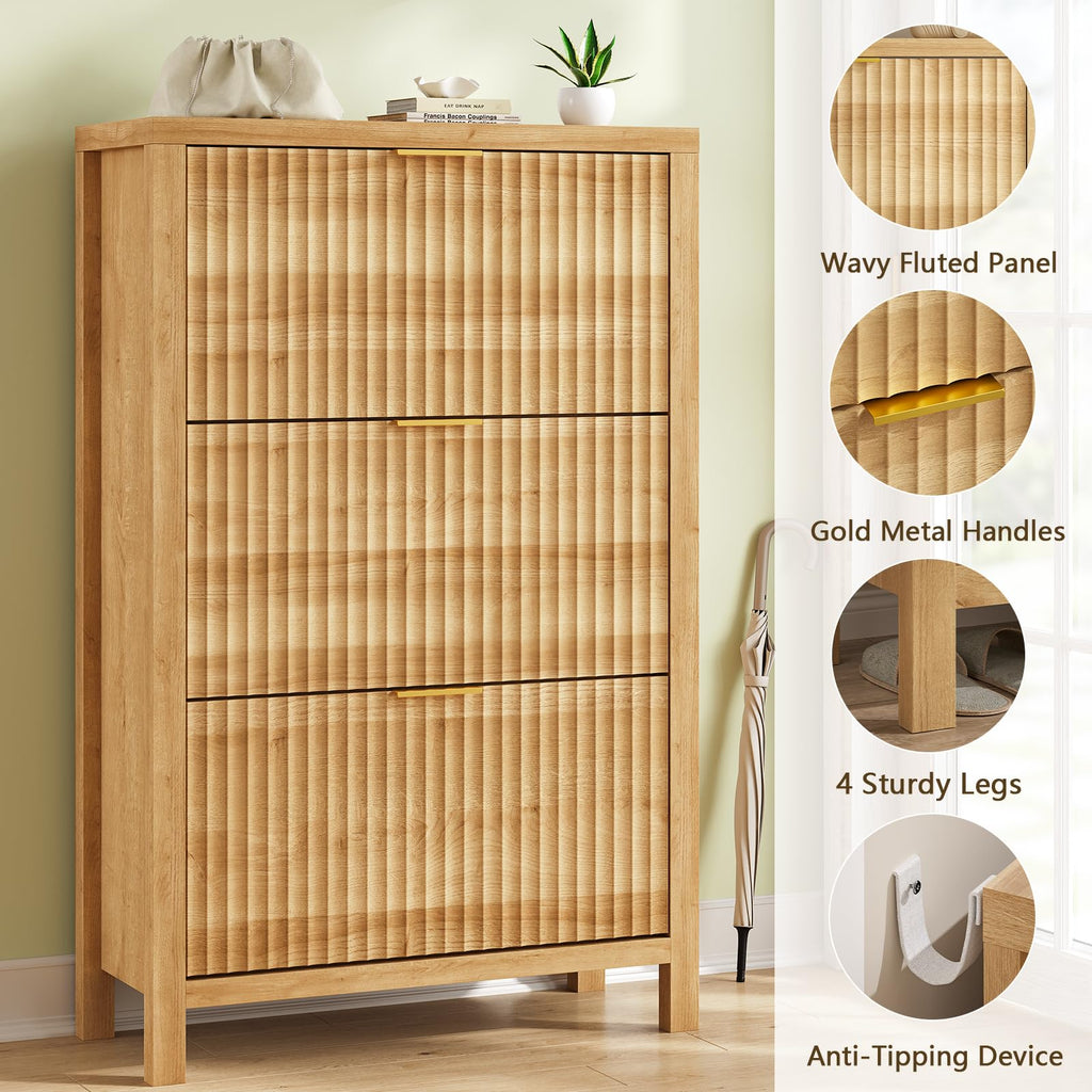 YOMILUVE Shoe Cabinet Storage for Entryway, Fluted Shoe Cabinet with 2 Flip Drawers, Hidden Shoe Rack Tall Freestanding Shoe Organizer with Legs for Hallway, Blue