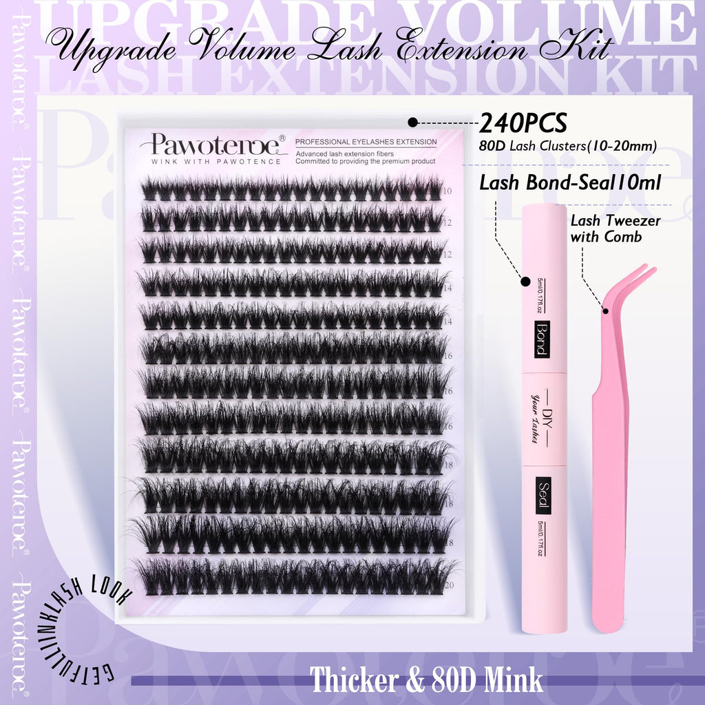 Pawotence Lash Extension Kit DIY 280pcs Individual Lash Clusters Kit 20D&30D Natural 9-15mm Cluster Eyelash Extensions Kit with Lash Bond and Seal, Tweezers for Self Use (20D&30D, 0.07D, 9-15mm, Kit)