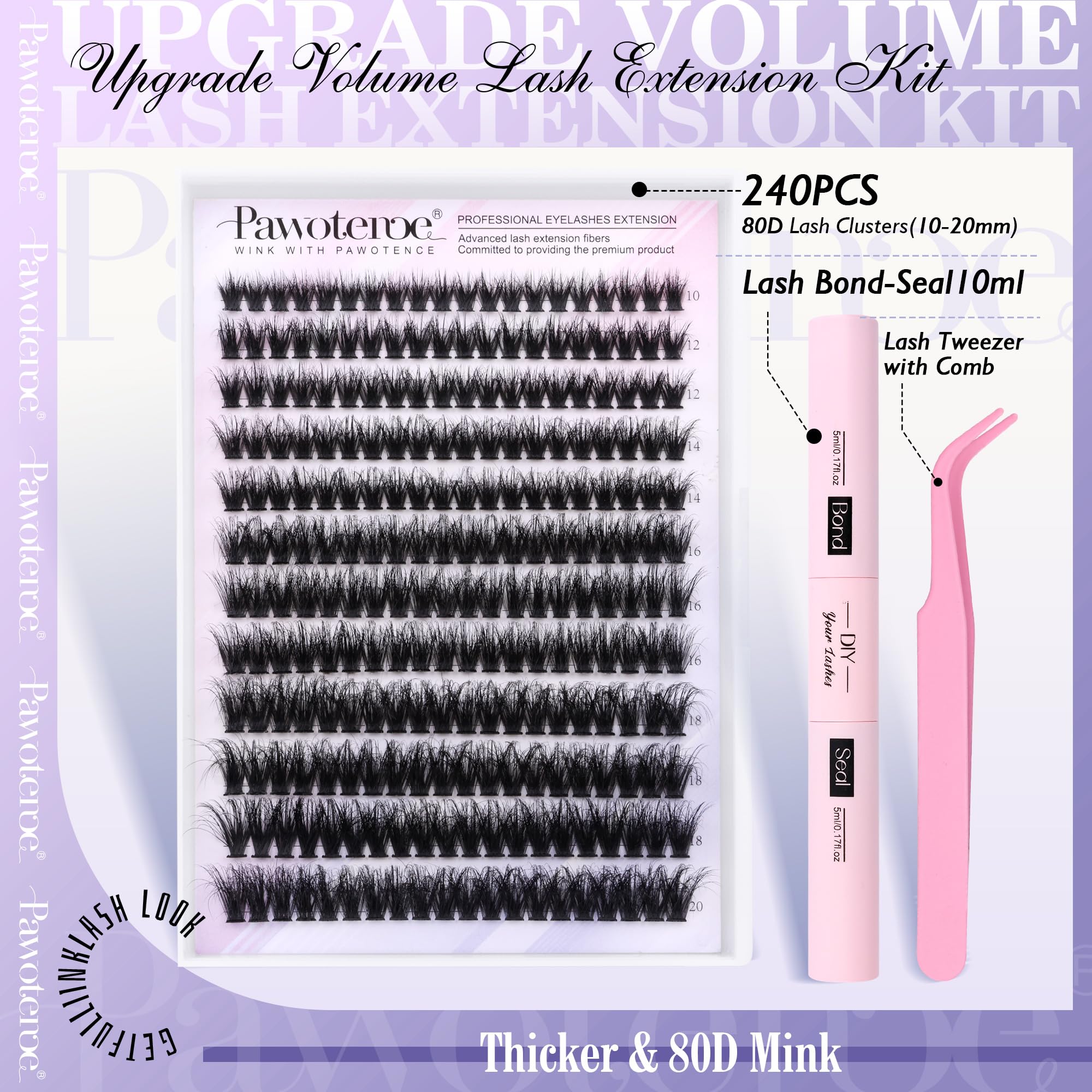 Pawotence Lash Extension Kit DIY 280pcs Individual Lash Clusters Kit 20D&30D Natural 9-15mm Cluster Eyelash Extensions Kit with Lash Bond and Seal, Tweezers for Self Use (20D&30D, 0.07D, 9-15mm, Kit)