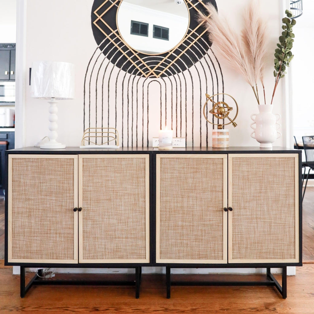 Nathan James Kova Rattan Wood Accent Sideboard Storage Cabinet with Matte Metal Frame, Adjustable Interior Shelves and Cane Doors, for Hallway, Entryway or Living Room, Black Oak/Cane