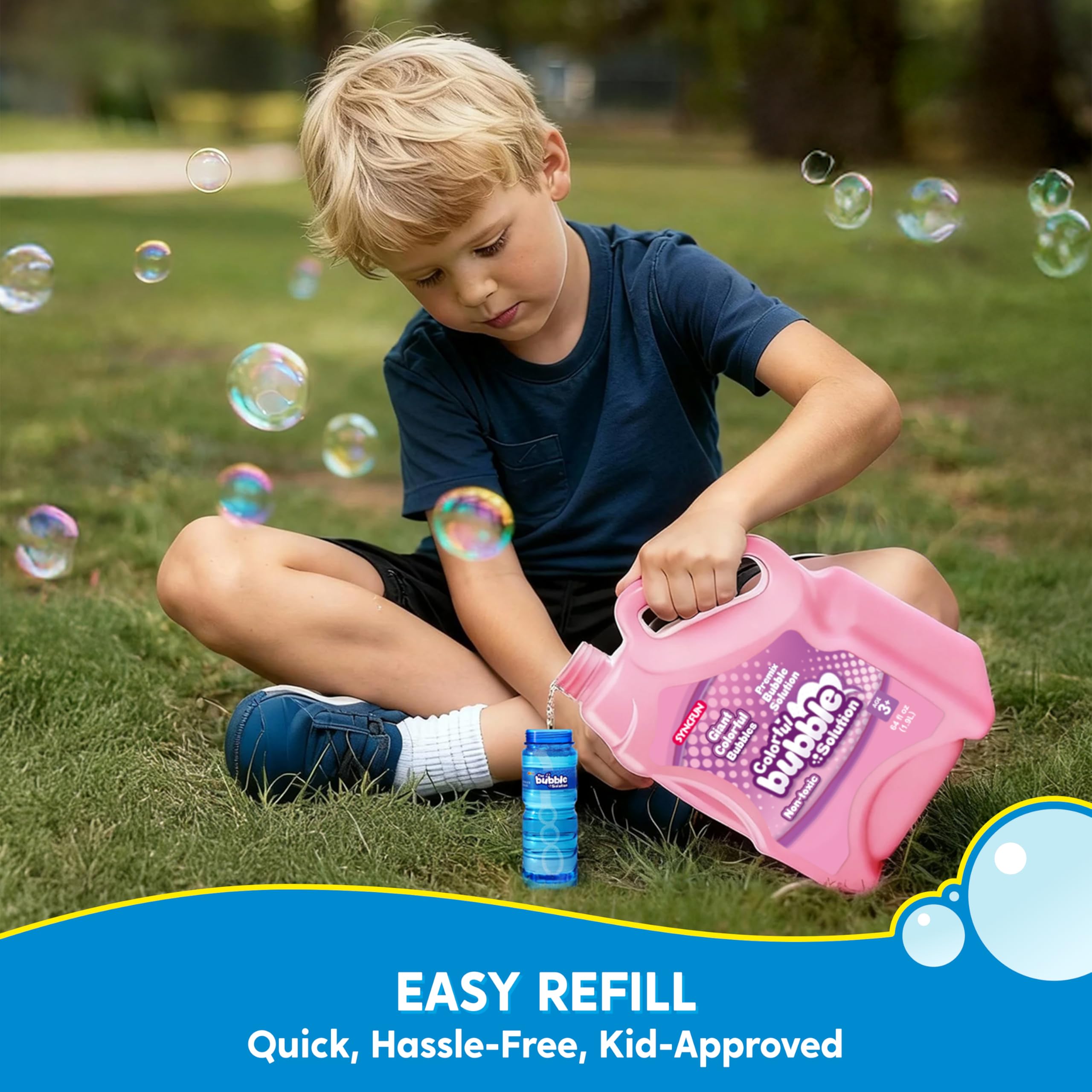 SYNCFUN 64 oz Premixed Bubble Solution, 1.9L Giant Pre-Mix Refill Solution for Bubble Machine, Bubbles for Kids, Wands, Blower, Easter, Outdoors Activity,No Mixing or Measuring