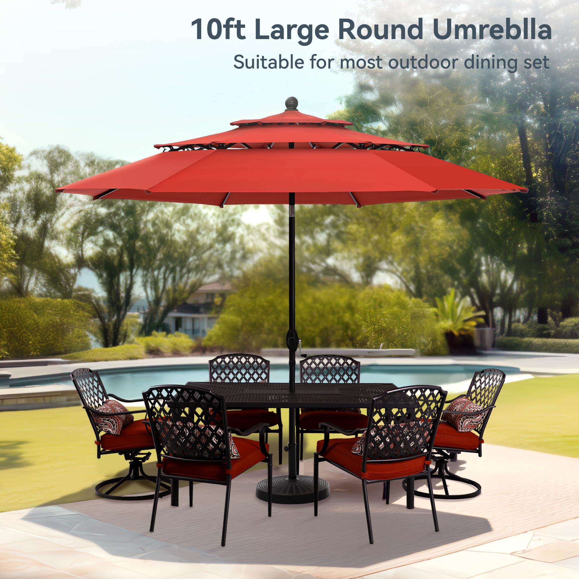 PHI VILLA 10ft Patio Umbrellas, Outdoor 3 Tier Vented Large Market Table Umbrella with 8 Sturdy Ribs and 1.5" Umbrellla Pole for Lawn Poolside Garden Terrace, Beige(No Base)