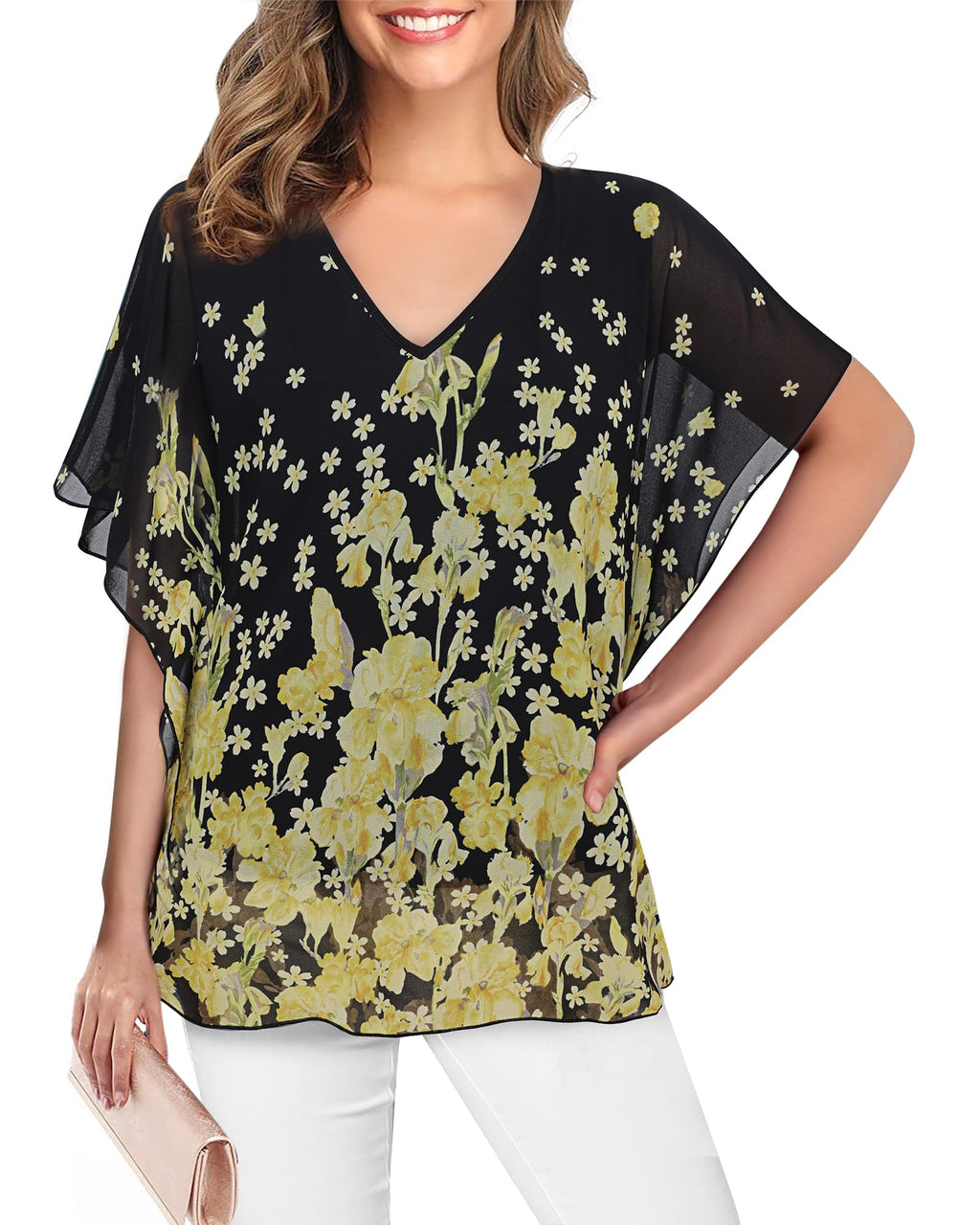 Lotusmile Women's Loose Flouncing Flutter Sleeve Double-Layered Shirt Chiffon Elegant Dressy Blouse Work Tops