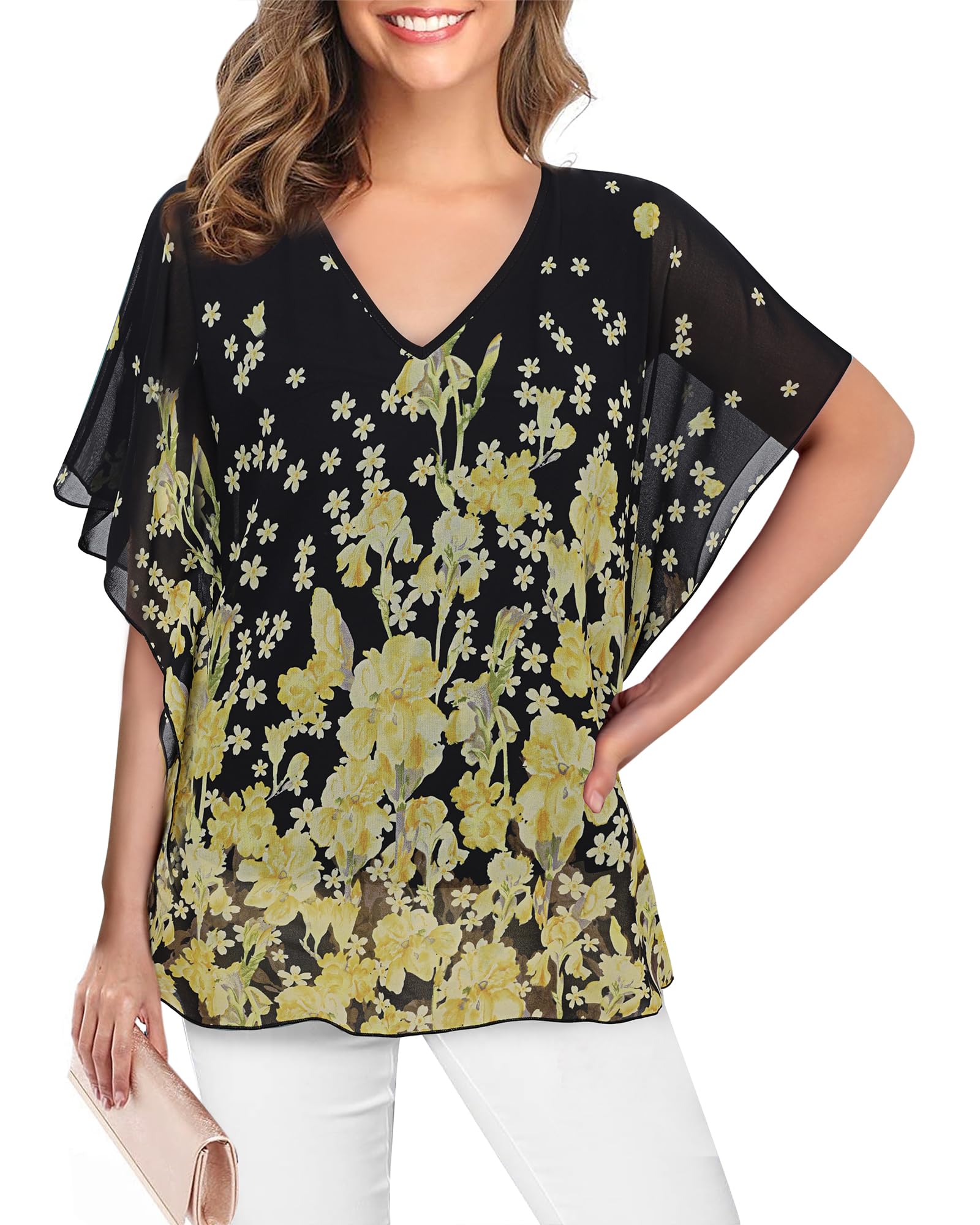 Lotusmile Women's Loose Flouncing Flutter Sleeve Double-Layered Shirt Chiffon Elegant Dressy Blouse Work Tops