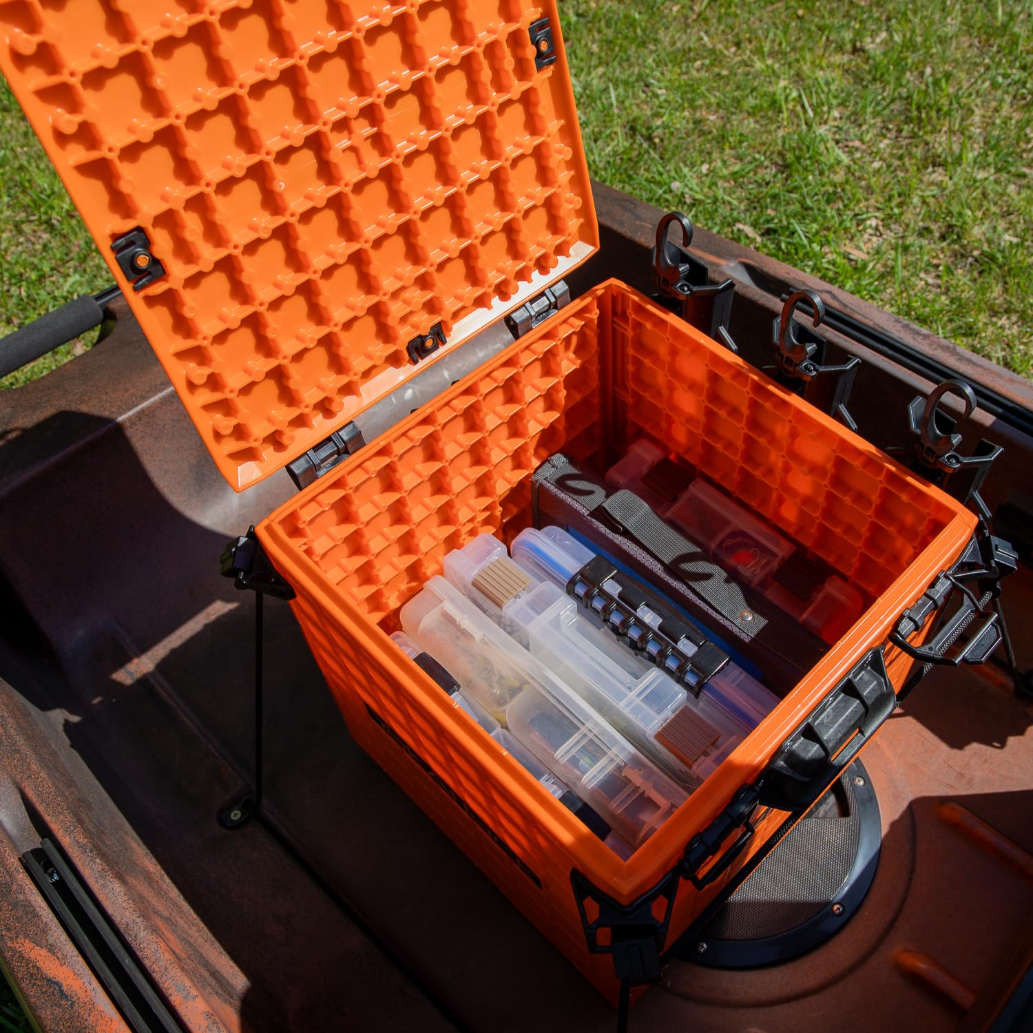 YakAttack BlackPak Pro 13" x 13" Fishing Crate with 3 Rod Holders - Battleship Grey | Compact Tackle Storage Box & Gear Organizer for Kayaks | Lightweight, Durable & Customizable Marine Accessory