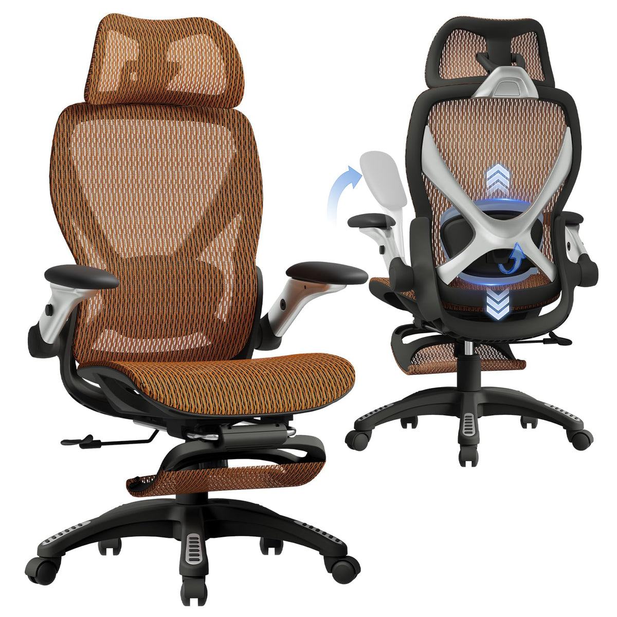 ELABEST X100 Ergonomic Office Chair with Footrest, Big and Tall Home Desk Chair with 5D Flip-Up Arms, Adjustable 3D Lumbar Support,High Back Rolling Computer Chair, Swivel Mesh Chairs (Coffee Break)