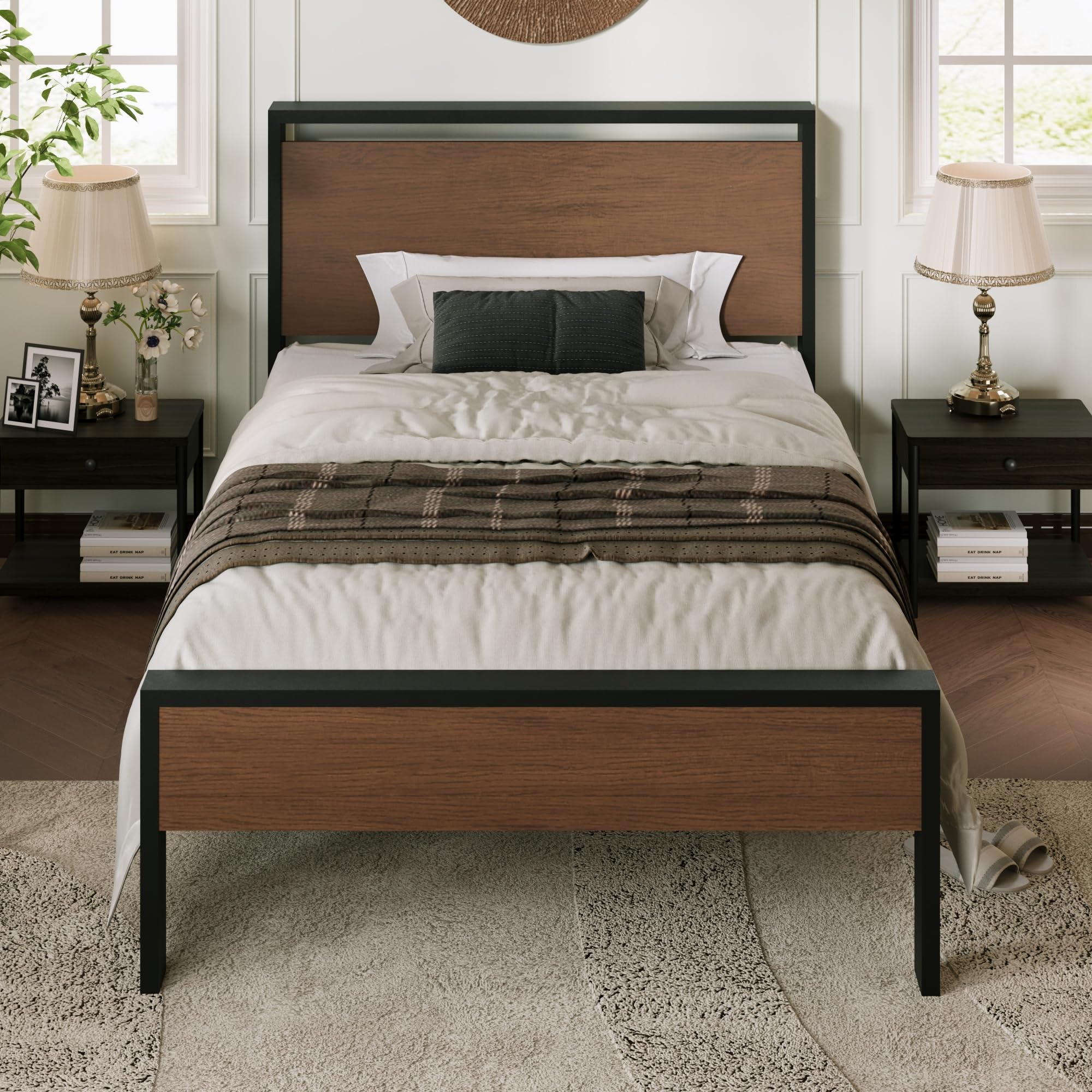 Allewie Twin Size Platform Bed Frame with Wooden Headboard and Footboard, Heavy Duty Metal Slats Support, No Box Spring Needed, Under-Bed Storage, Noise Free, Easy Assembly, Black Oak