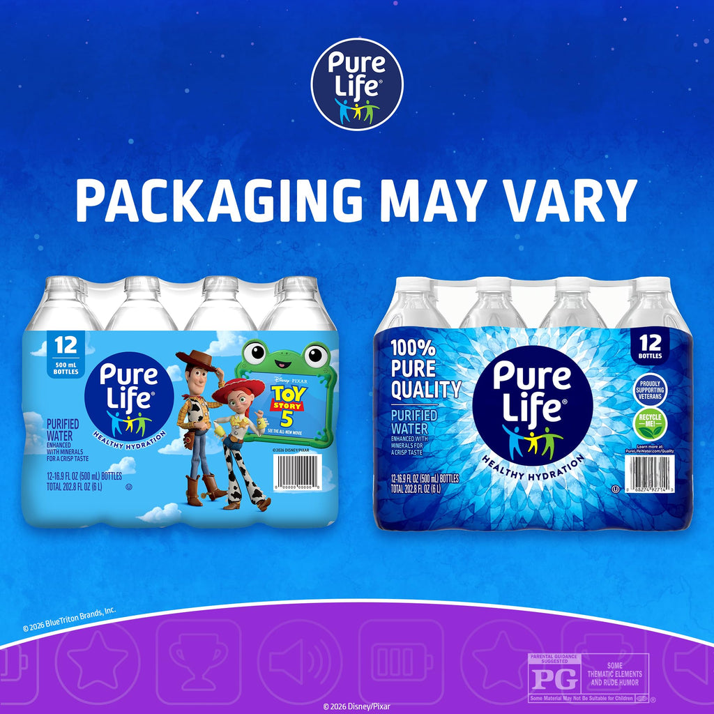 Pure Life Purified Bottled Water, 12 Pack - Still Drinking Water Enhanced with Minerals for a Crisp Taste - 16.9 Fl Oz - Toy Story 5 Packaging Graphics