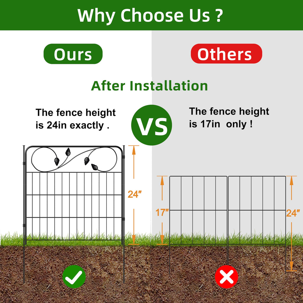 FOREHOGAR Decorative Metal Garden Fence 24in(H) X10ft(L) 5 Panels Leaf Black Rustproof Wire Border Fence for Landscape Patio Flower Bed Garden Fencing Panel Animal Barrier for Dogs