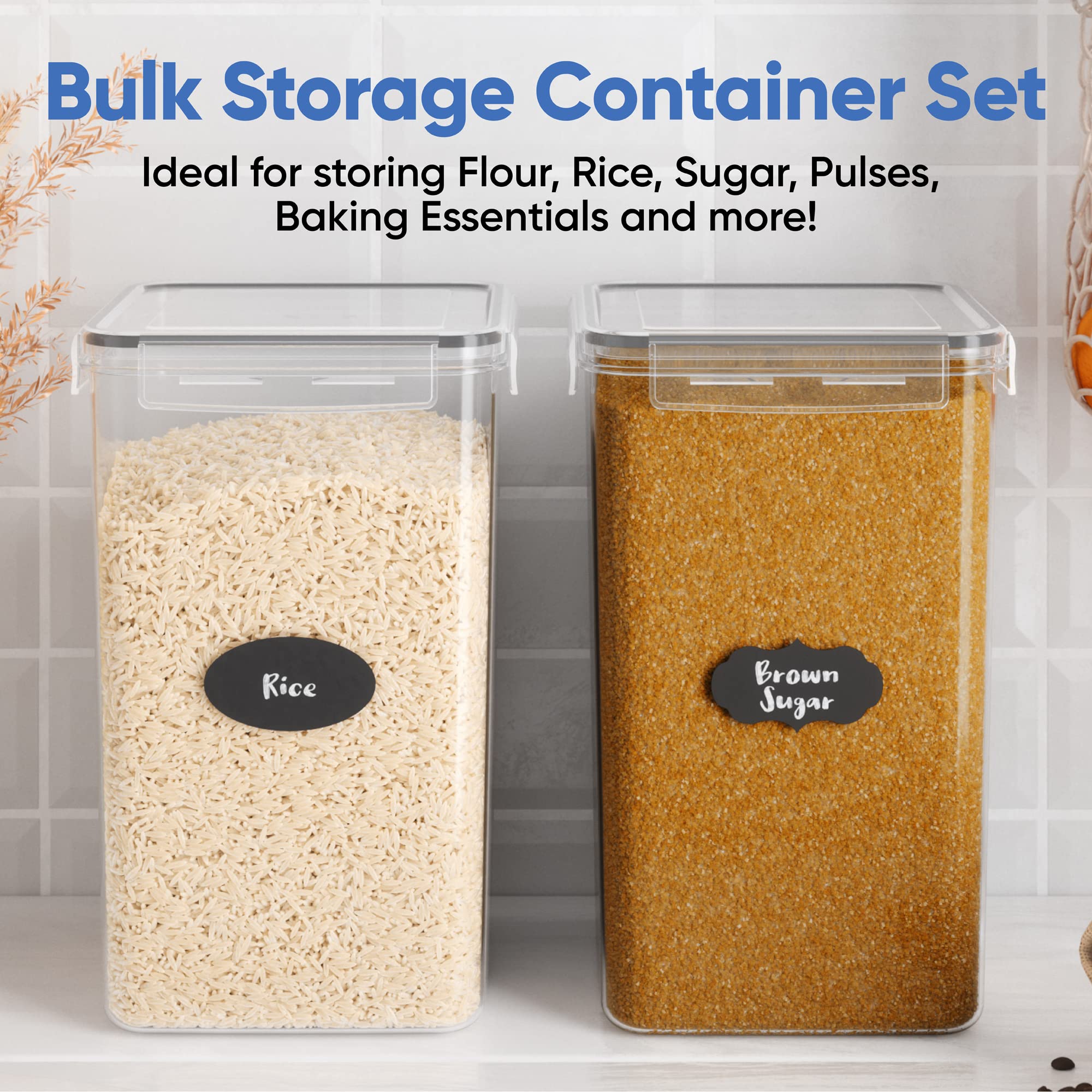 Chef's Path Kitchen Storage Box Set of 4 Extra Large Airtight Food Storage Jars for Sugar Flour Cereal Rice - Measuring Spoons, Pen and Food Preservation Labels (5.2 L)