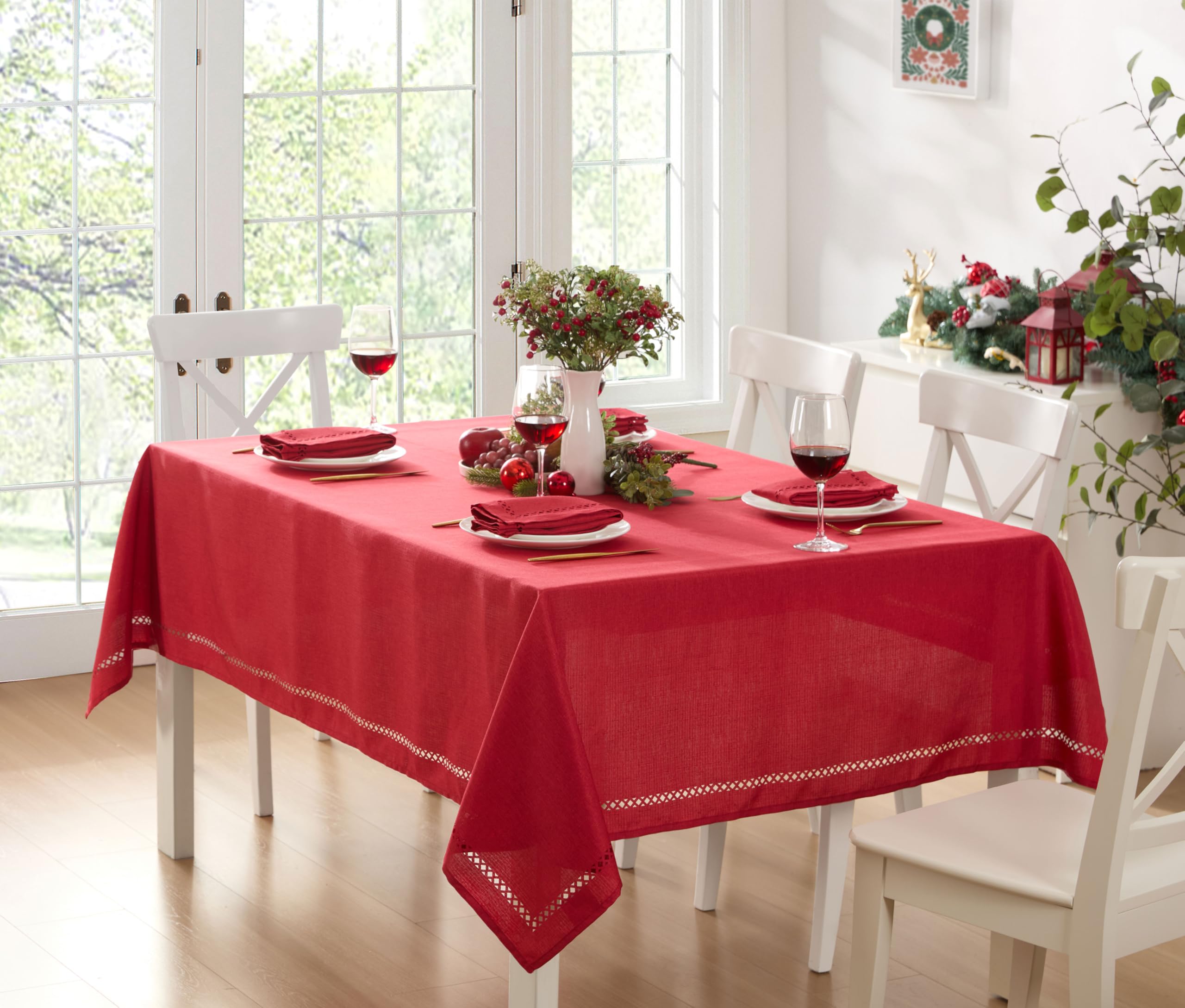 Newbridge Rectangle Fabric Placemats, Set of 4 Placemats, Provence Lattice Cutwork Solid Color Textured, Water and Stain Resistant Easy Care, Denim Blue