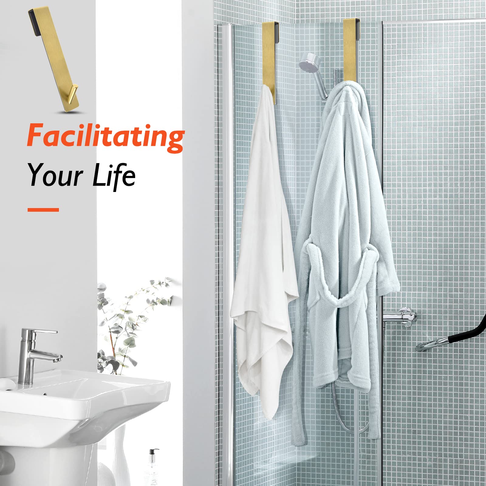 Kontoyo Shower Door Hooks(7.5 Inch),Extended Over Door Hooks for Bathroom Frameless Glass Shower Door,Stainless Steel Towel Hooks,Heavy Duty Rack Hooks for Robe,Towel-2 Pack-Black