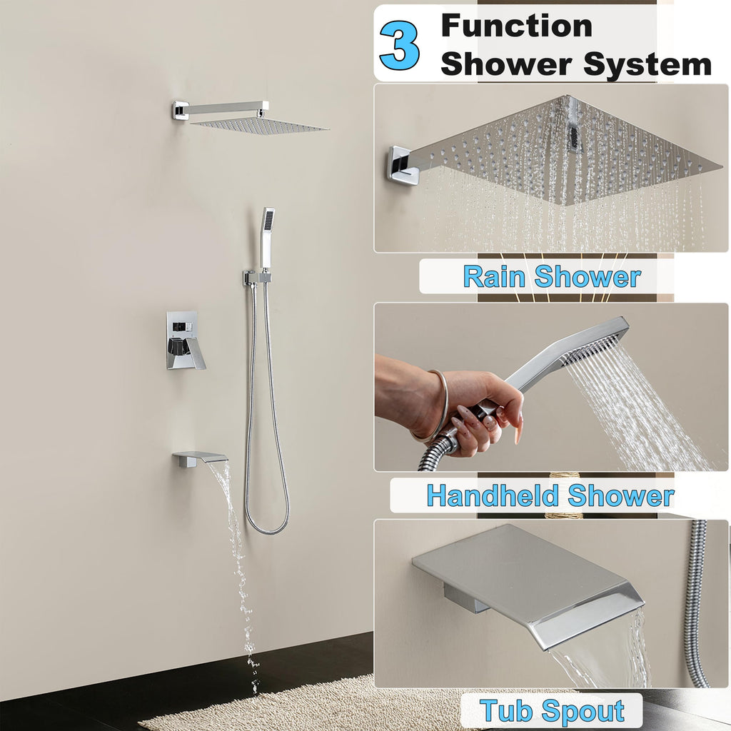 Brushed Gold Shower System with 10-Inch Rain Showerhead and Tub Spout | cUPC-certified pressure balance brass valve to prevent scalding, CEC-certified air injection technology for low pressure