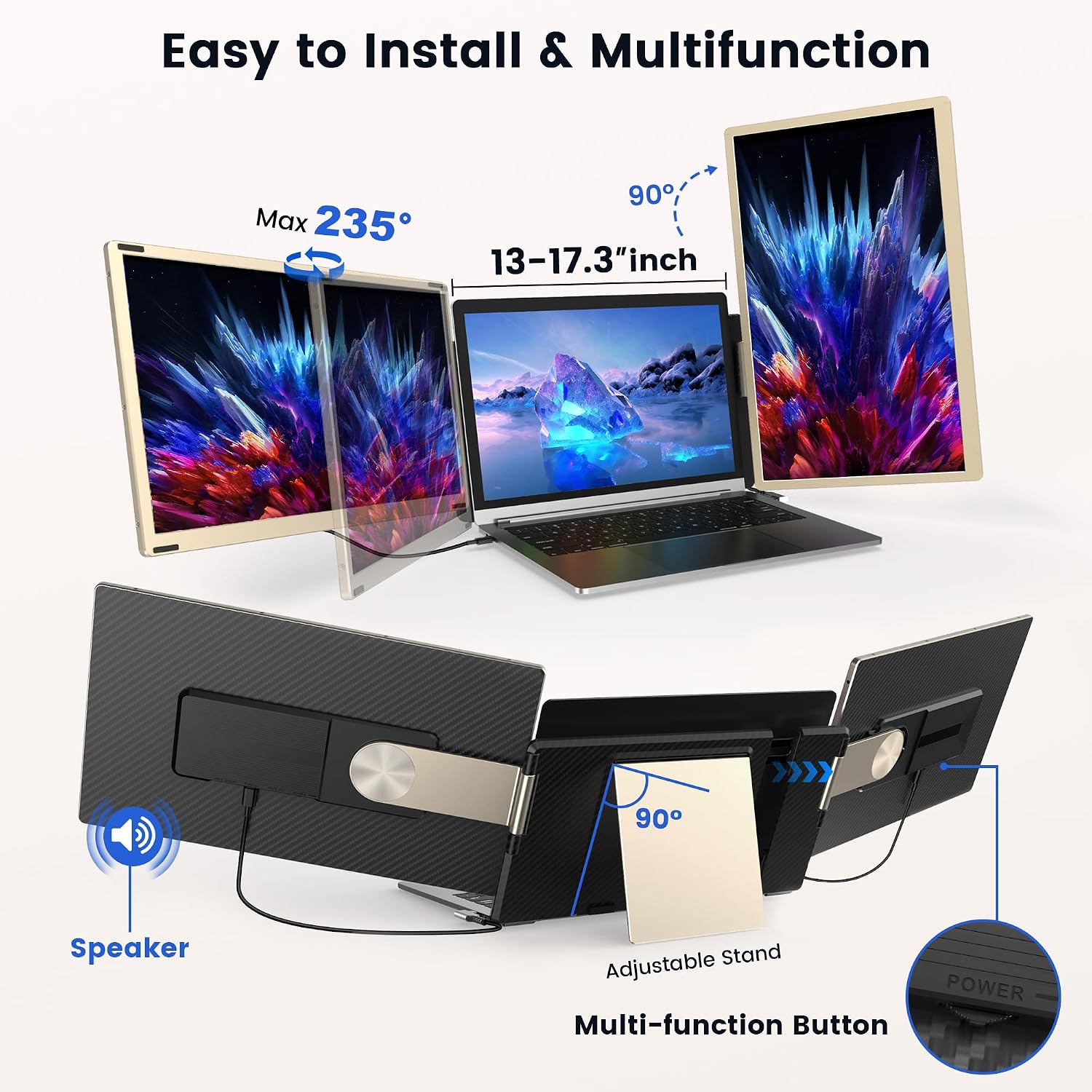 Updated Laptop Screen Extender,15.6" Portable Triple Monitor for Laptop up to 17.3" with IPS FHD 1080P Display, Detachable Laptops Extended Monitor Compatible with Mac, Wins, Dex, Chrome