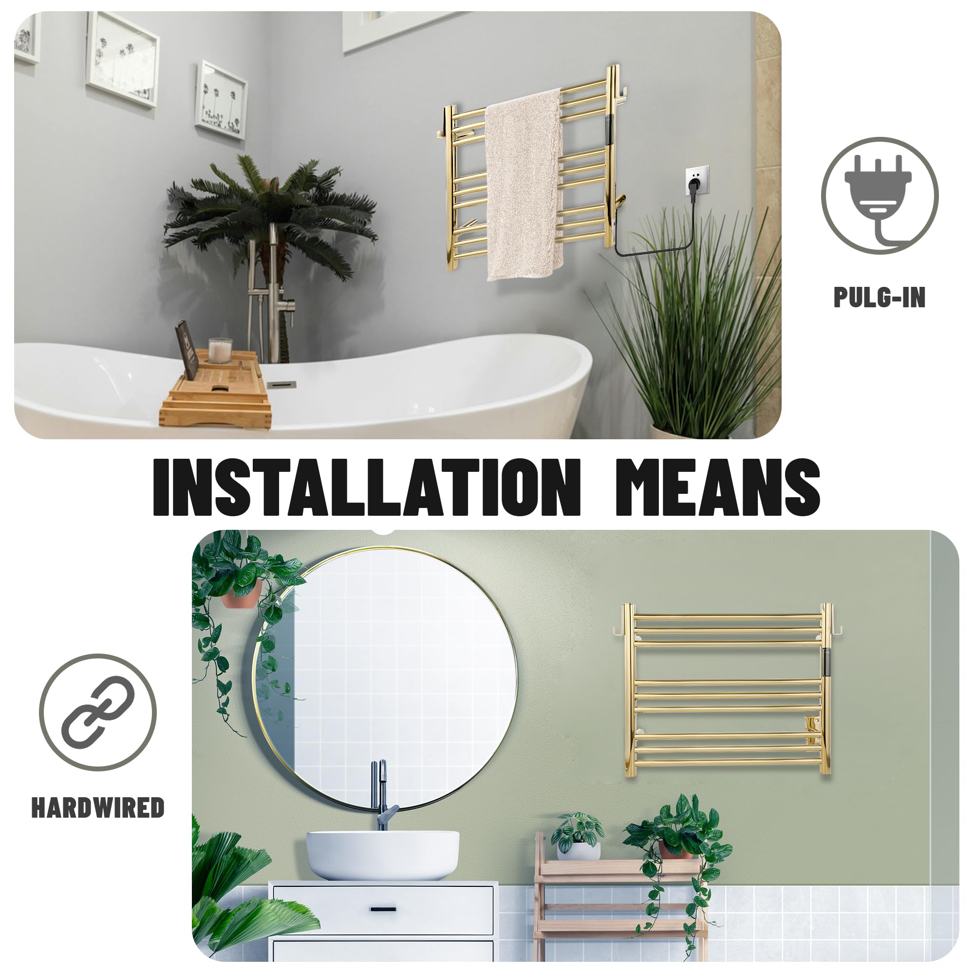K&KALONZO Wall-Mounted 9-Bar Heated Towel Rack, Fast Heat in 2 Min, NTC Safety | 4 Timers & 3 Heat Levels Control, Plug-In/Hardwired, Top Hooks, Memory Function, Anti-Scald, Stainless Steel, EL13ML