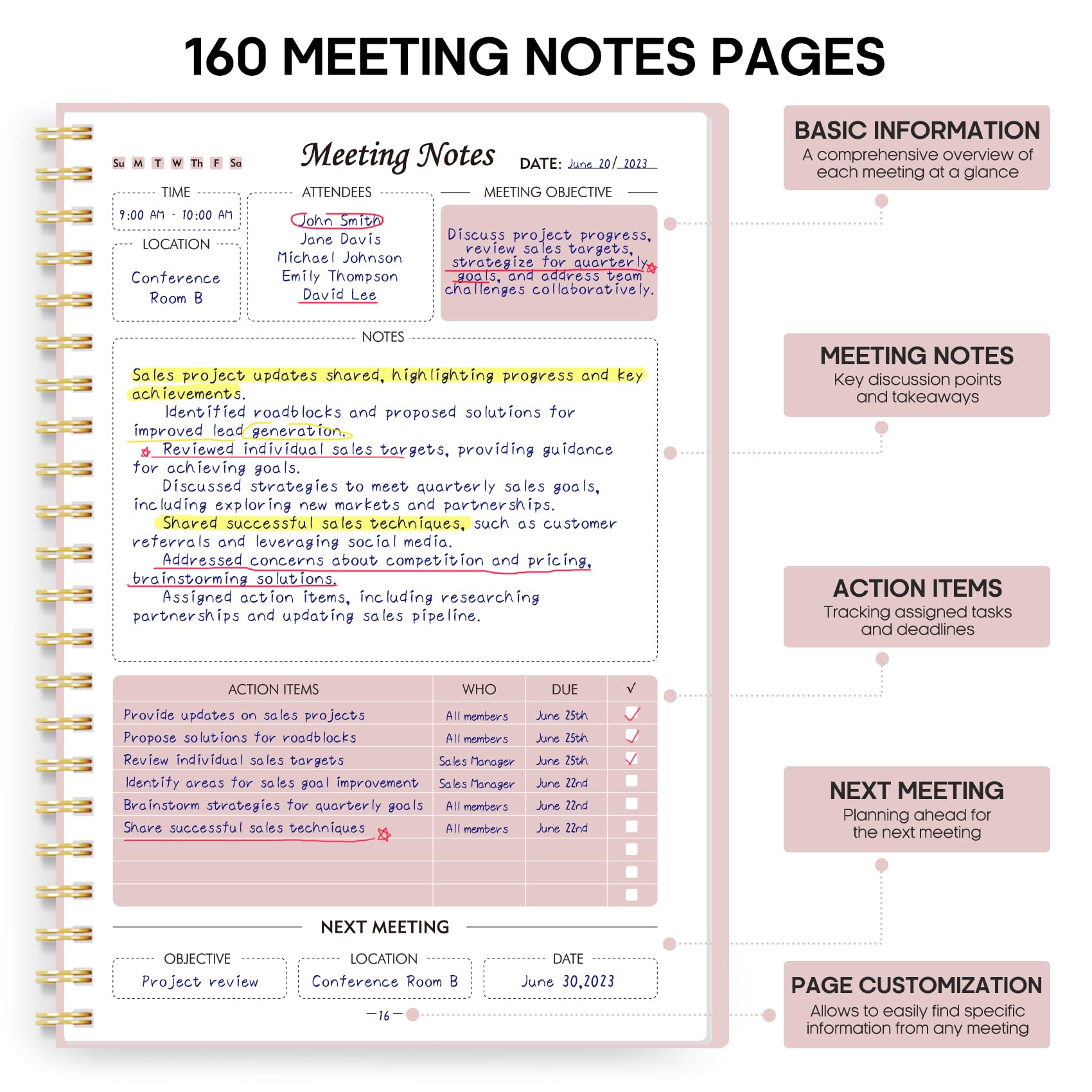 Meeting Notebook for Work Organization - Work Planner Notebook with Action Items, Agenda Planner for Note Taking, 160 Pages (6.9" X 9.9") Project Organizer for Men & Women - Pink