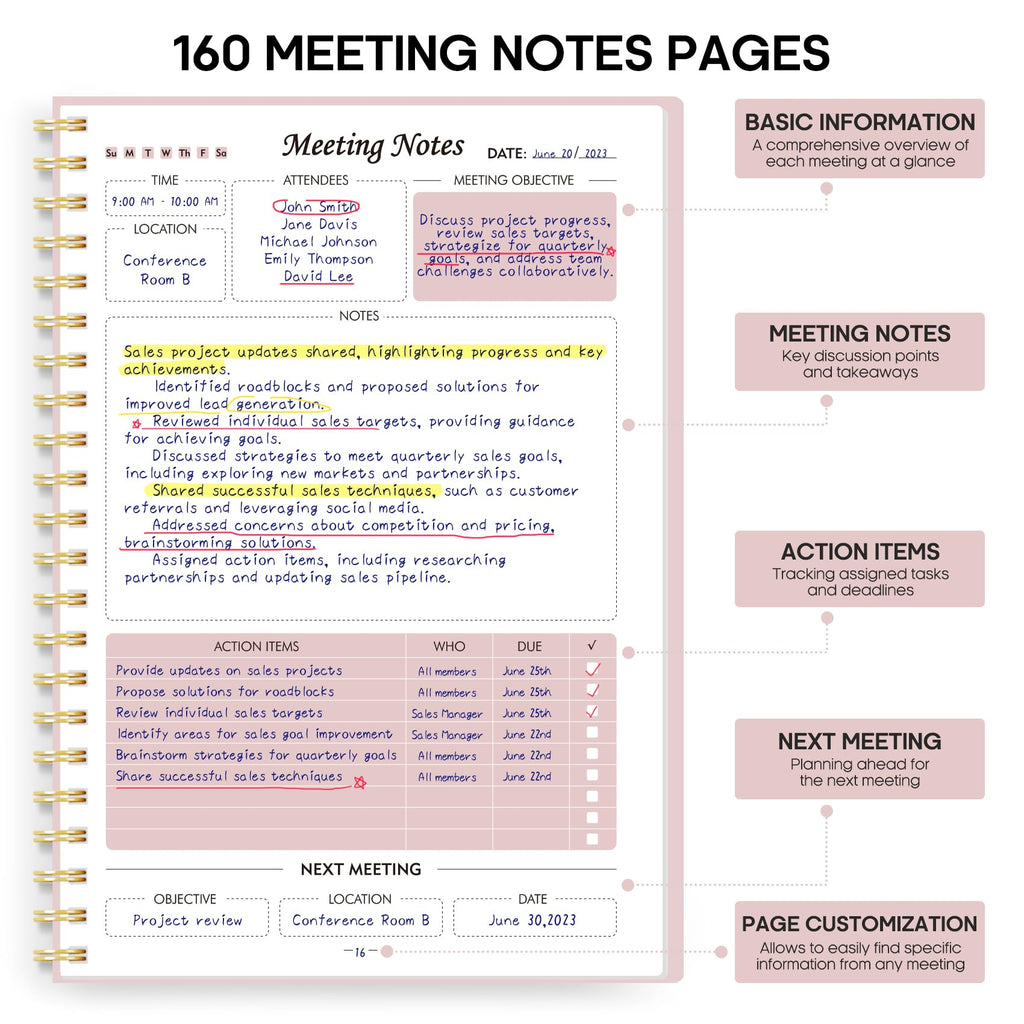 Meeting Notebook for Work Organization - Work Planner Notebook with Action Items, Agenda Planner for Note Taking, 160 Pages (6.9" X 9.9") Project Organizer for Men & Women - Pink