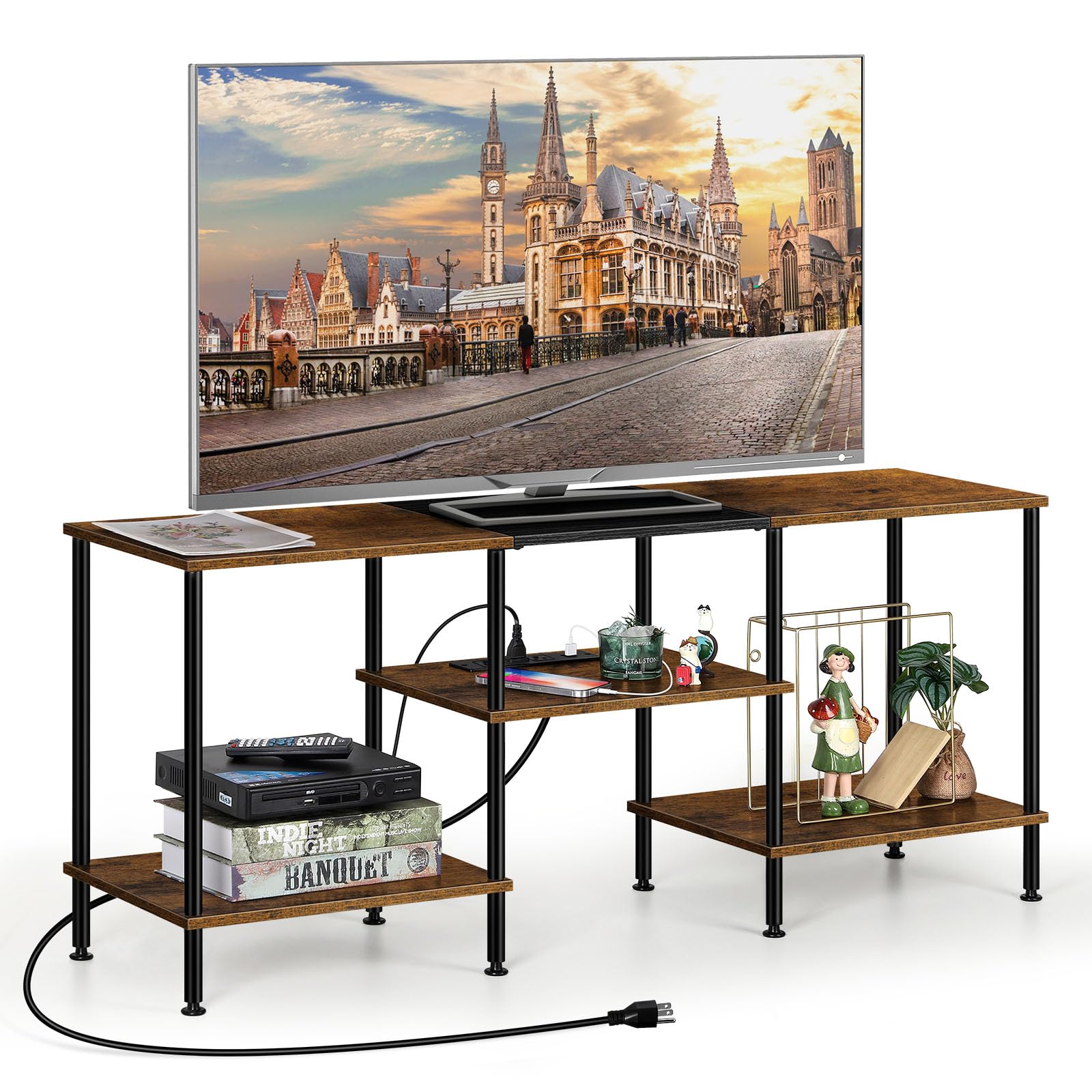 OYEAL Black Bedroom TV Stand with Power Outlets up to 50 inch TV, Small Entertainment Center Stand with Storage Modern Media TV Console Table for Living Room Bedroom