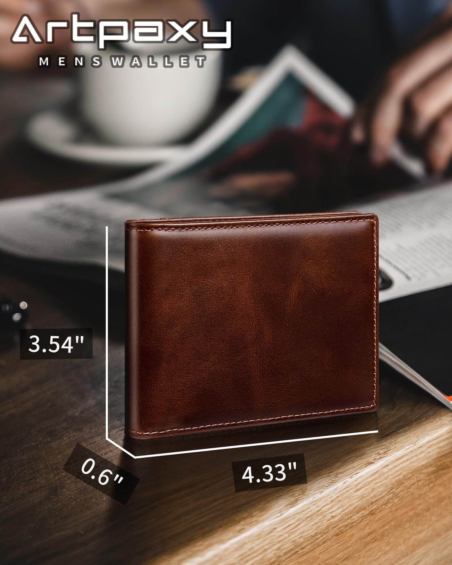 Artpaxy Mens Wallet Genuine Leather Bifold RFID Blocking Wallet for Men with 1 ID Window 13 Card Holders 2 cash pockets 1 Gift Box