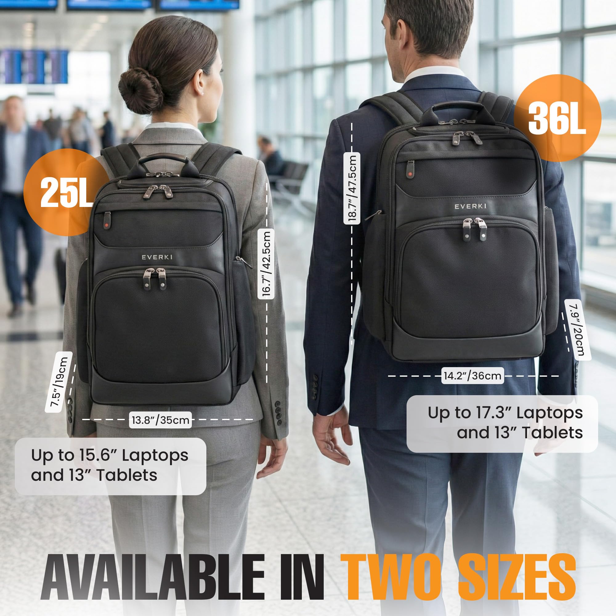 EVERKI Onyx 25L Business Laptop Backpack – Professional Travel Backpack for Men & Women, Laptop Bag with Premium Leather Ballistic & Nylon, Office & Flight Approved, Fits Laptops up to 15.6” - Black