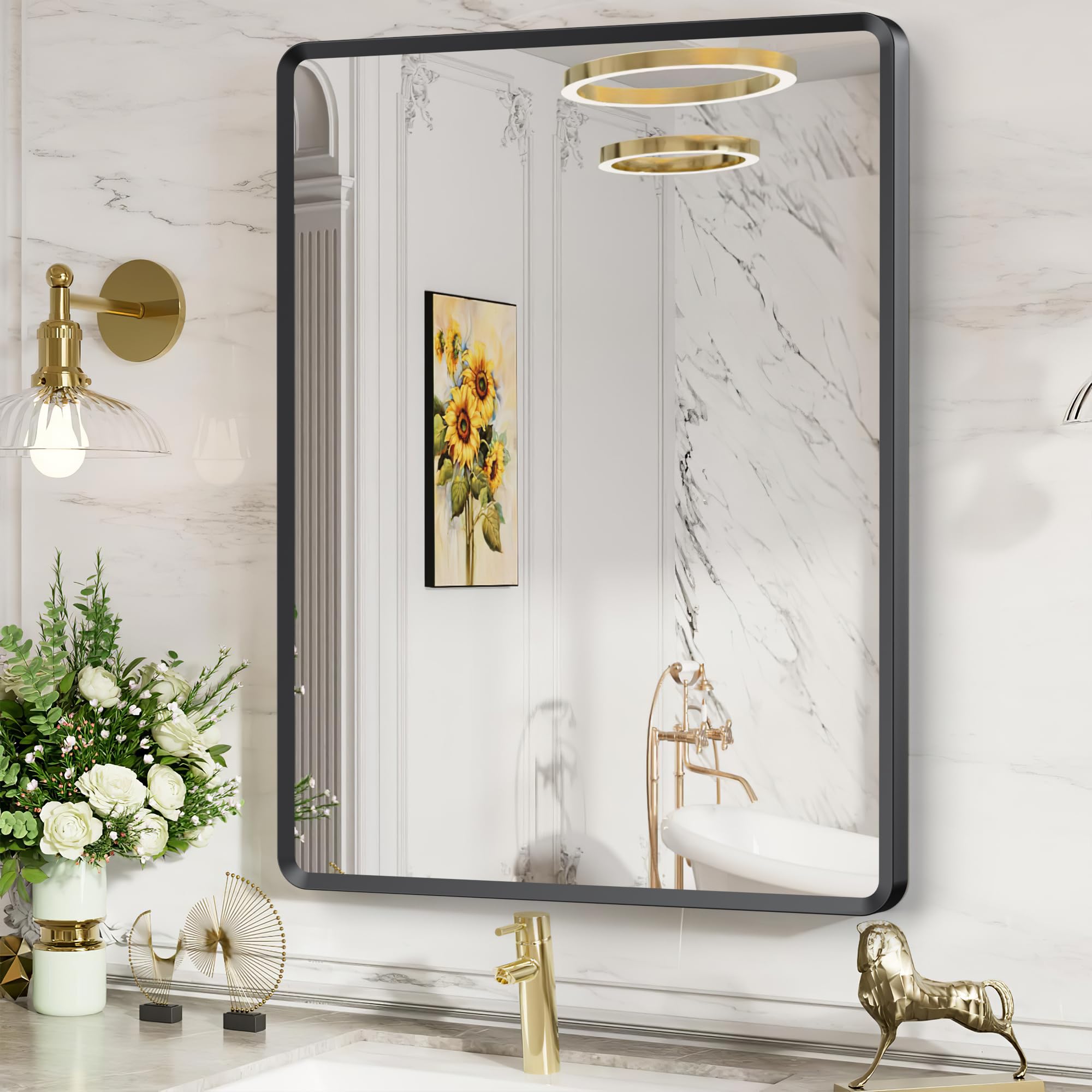 22x30 inch Gold Bathroom Mirror,Rounded Rectangle Gold Metal Framed, HD Tempered Glass, Horizontal or Vertical Hanging, Modern Bathroom Decor