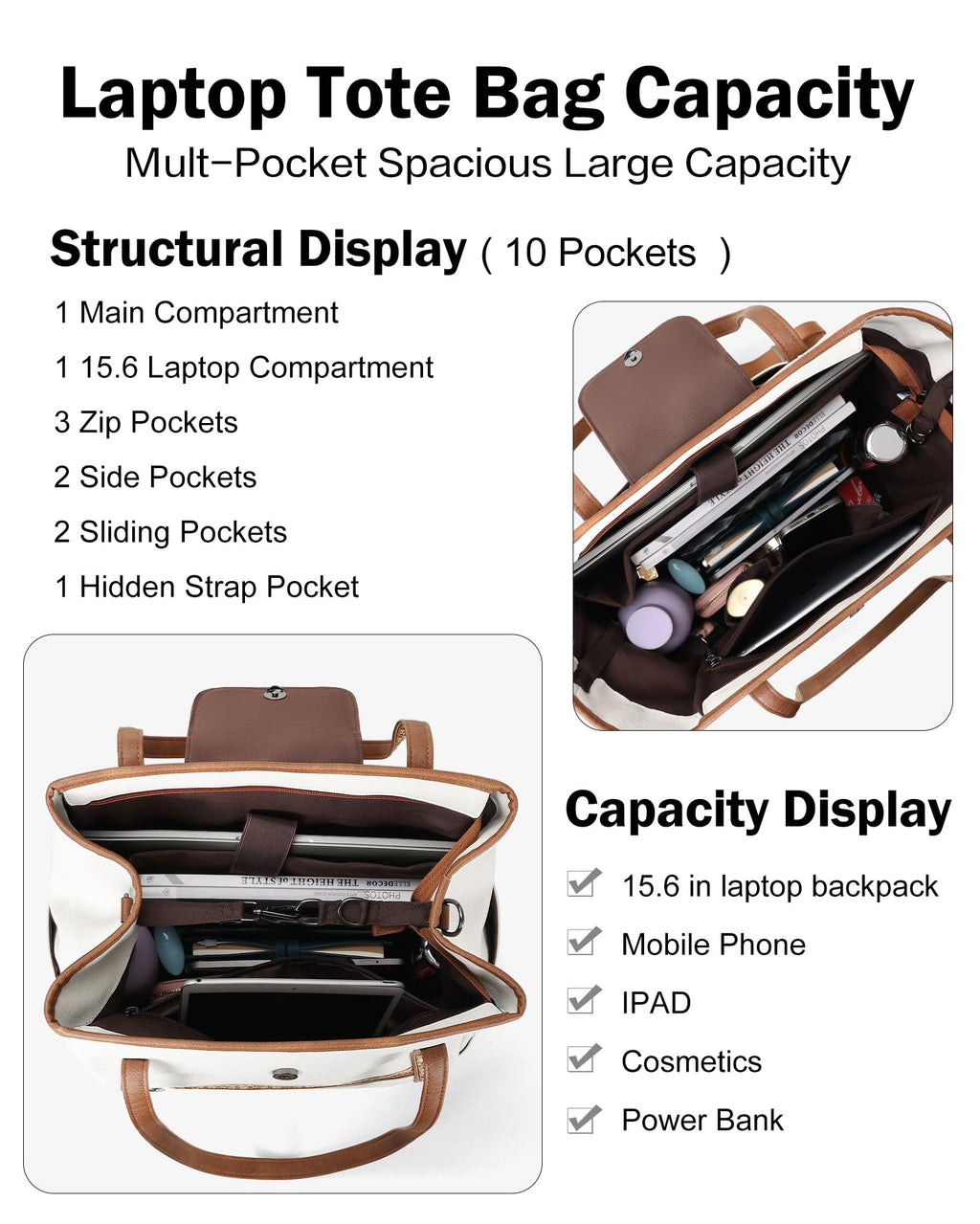 FADEON Large Laptop Tote Bag for Women Designer Leather Laptop Bag Fashion Travel Backpack Purse Shoulder Handbag