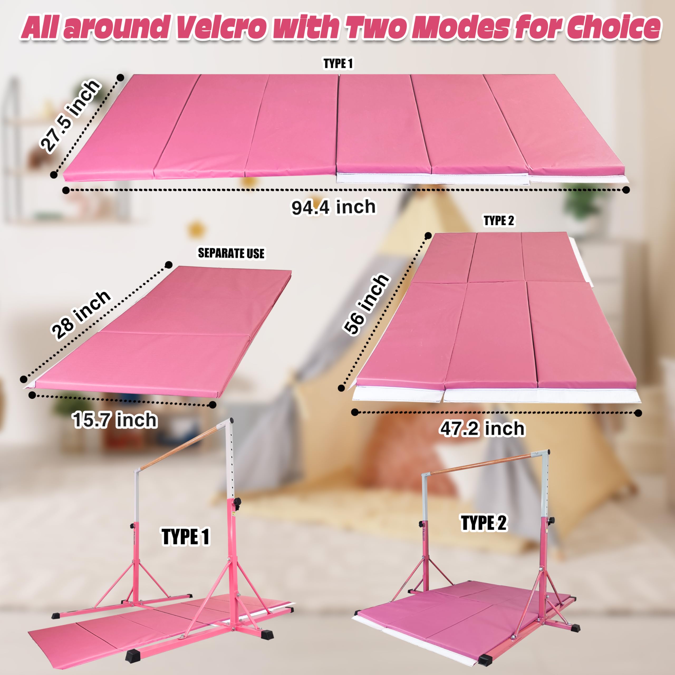 FC FUNCHEER Gymnastics Bar for Kids Ages 3-15, 35" to 60" Adjustable Height, 4FT Wide Base - Professional Kip Bar with 360° Stability & Fiberglass Crossbar, Easy Fold&Solid Design for Home Training