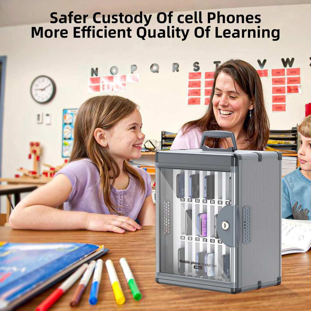 Glosen Cell Phone Locker 24 Slots, Portable Phone Storage Cabinet [Wall Mounted] [Silver 24 Slots-Universal Key ] Aluminum Alloy Cellphone Lock Box with Key & Handle for School Classroom Office Exam