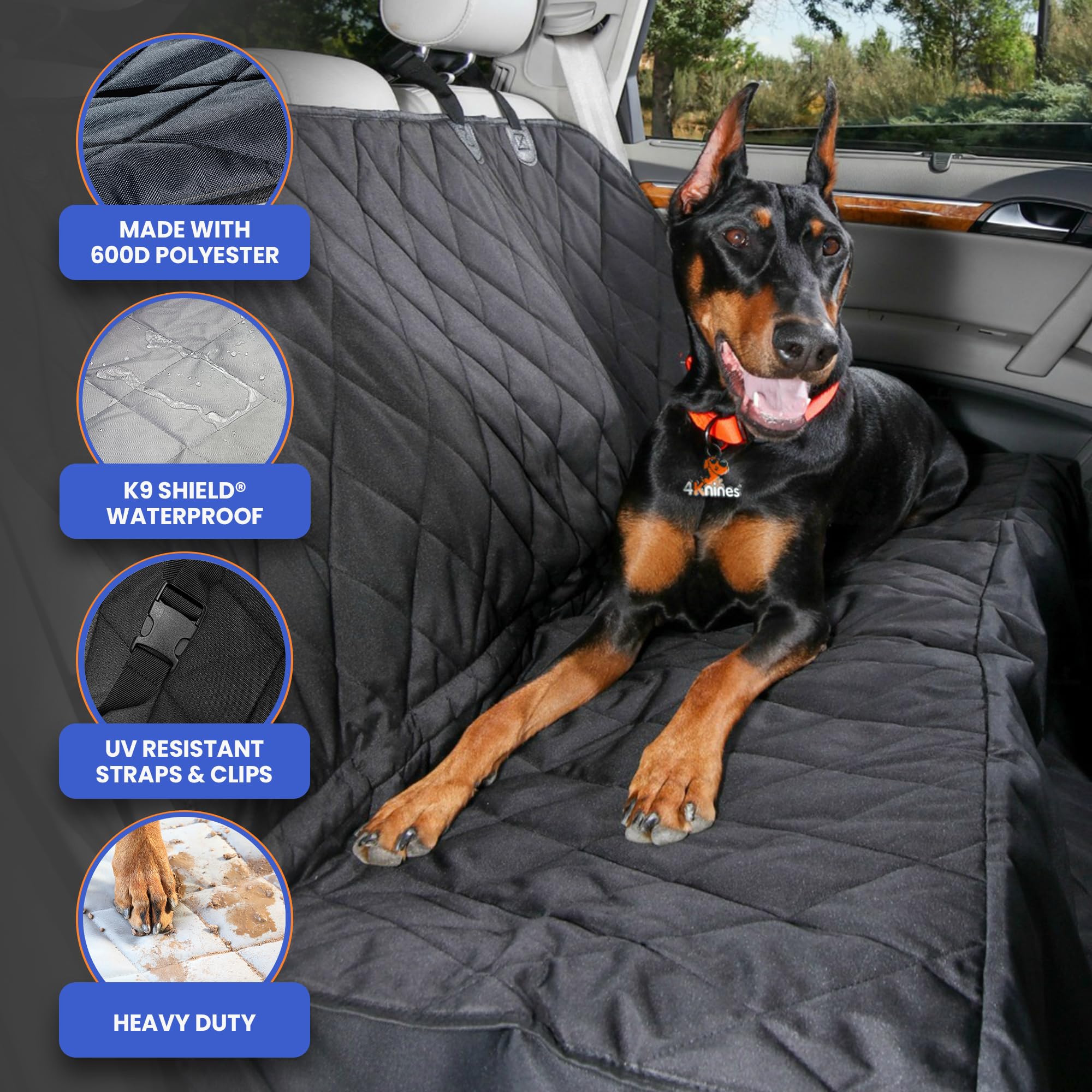 4Knines Dog Backseat Cover with Hammock for Cars, SUVs, and Trucks – Waterproof Layers, Nonslip Seat Protector, Durable Nylon Clips, K9 Shield with Heavy Duty Thread, (Extra Large, Grey)