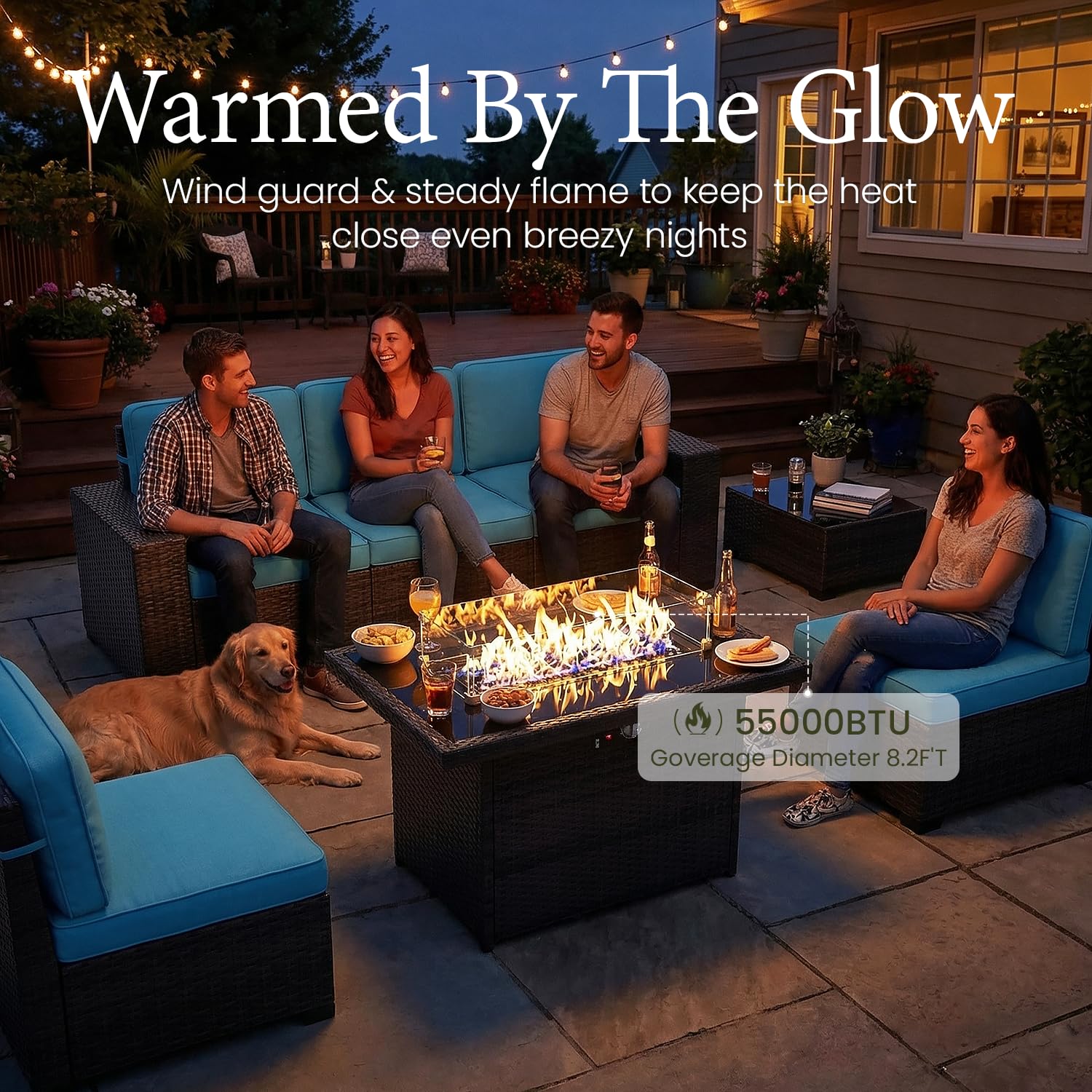 LayinSun 7 Pieces Outdoor Patio Furniture Set with 44" Fire Pit Table Rattan Sectional Sofa Conversation Sets