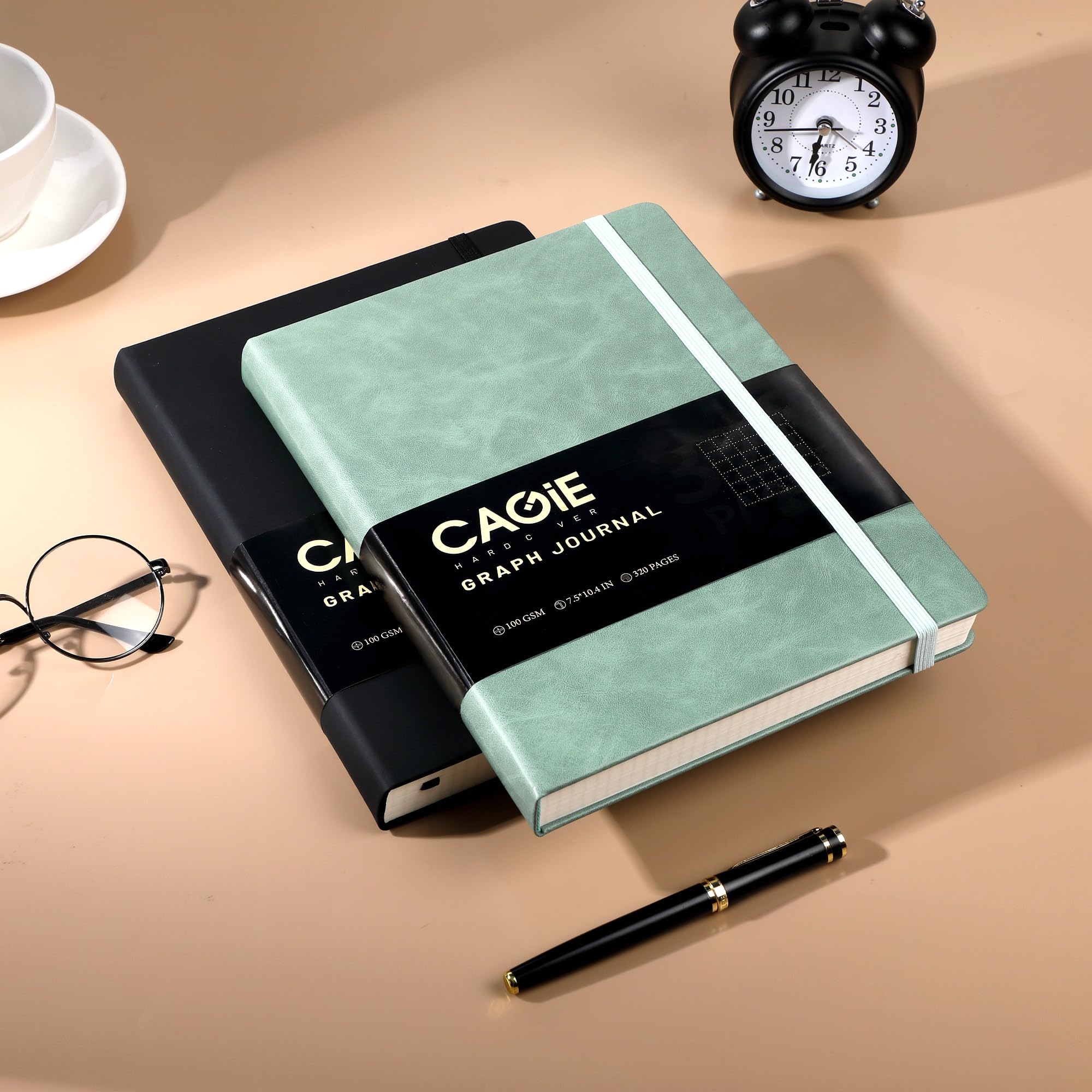 CAGIE Bullet Dotted Journal Notebook 320 Pages 100 GSM Paper Hardcover A5 Dot Grid Notebook Leather Journals for Writing Women Men Work Journaling, Black