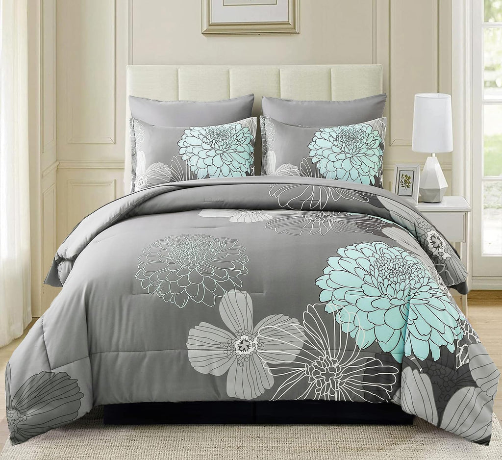 Yiran 7 Pieces Bed in a Bag Blue Floral Comforter Set Queen Size Flowers Comforter Set Soft Microfiber Bedding Set (1 Comforter 1 Flat Sheet 1 Fitted Sheet 2 Pillowshams 2 Pillowcases)