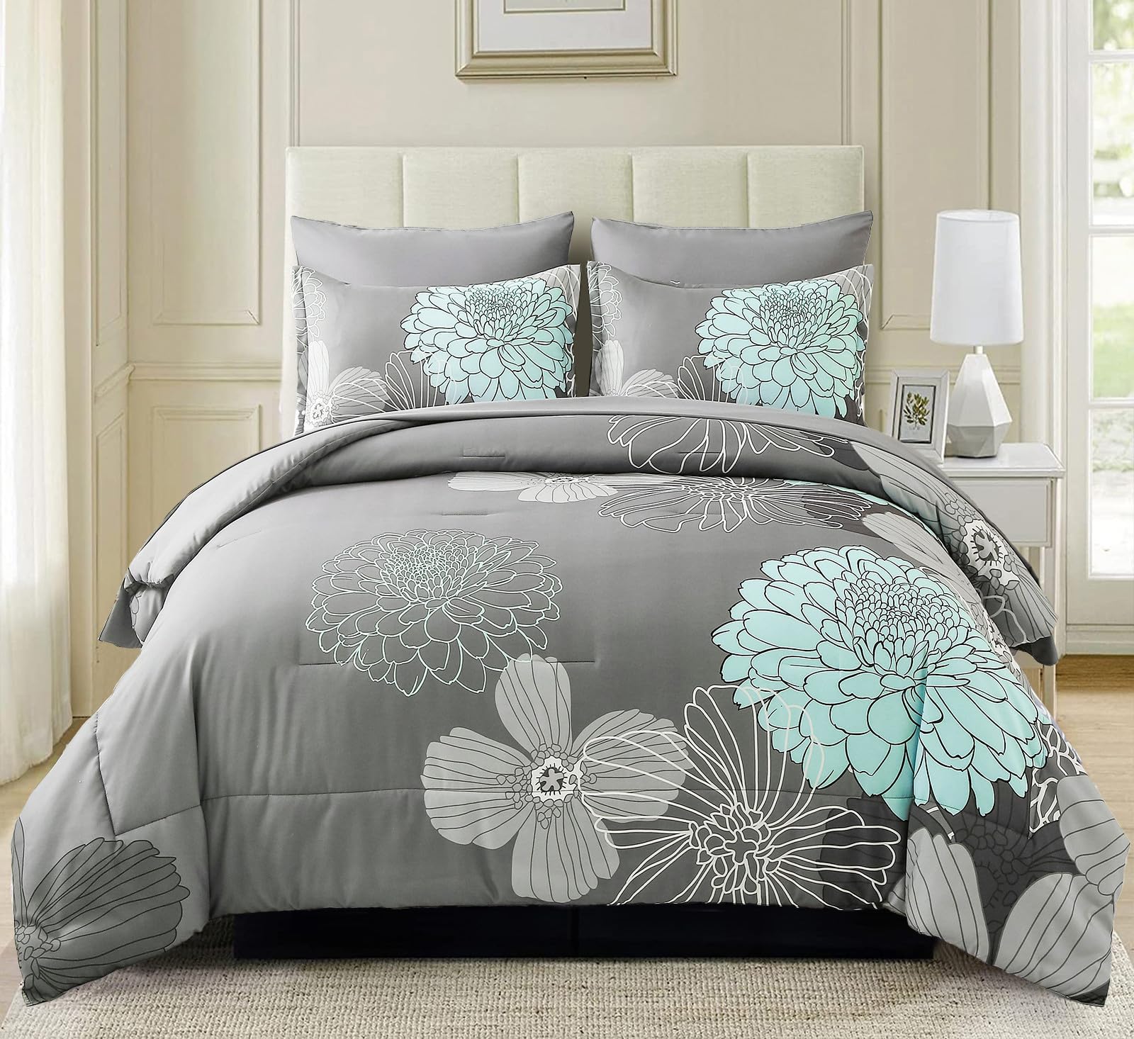 Yiran 7 Pieces Bed in a Bag Blue Floral Comforter Set Queen Size Flowers Comforter Set Soft Microfiber Bedding Set (1 Comforter 1 Flat Sheet 1 Fitted Sheet 2 Pillowshams 2 Pillowcases)
