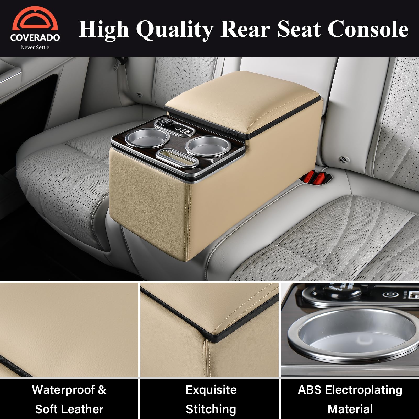 Coverado Car Center Console, Universal Rear Bench Seat Consoles, Truck Seat Organizer and Storage, Back Seat Car Organizer with Cup Holder, Large Storage Box, Central Armrest Box (Regular, Beige)
