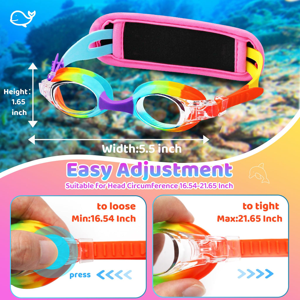 Vvinca Kids Swim Goggles with Fabric Strap No Tangle Pain-Free, Anti-Fog Swimming Pool Goggle No Leak for Toddlers Girls Boys