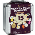 Queensell Mexican Train Dominoes Set Double 15 for Adults and Family, Mexican Train Double 15 Dominoes Set Colored Dot - 136 Tiles, 9 Trains, Wooden Hub, Aluminum Case (Double 15)
