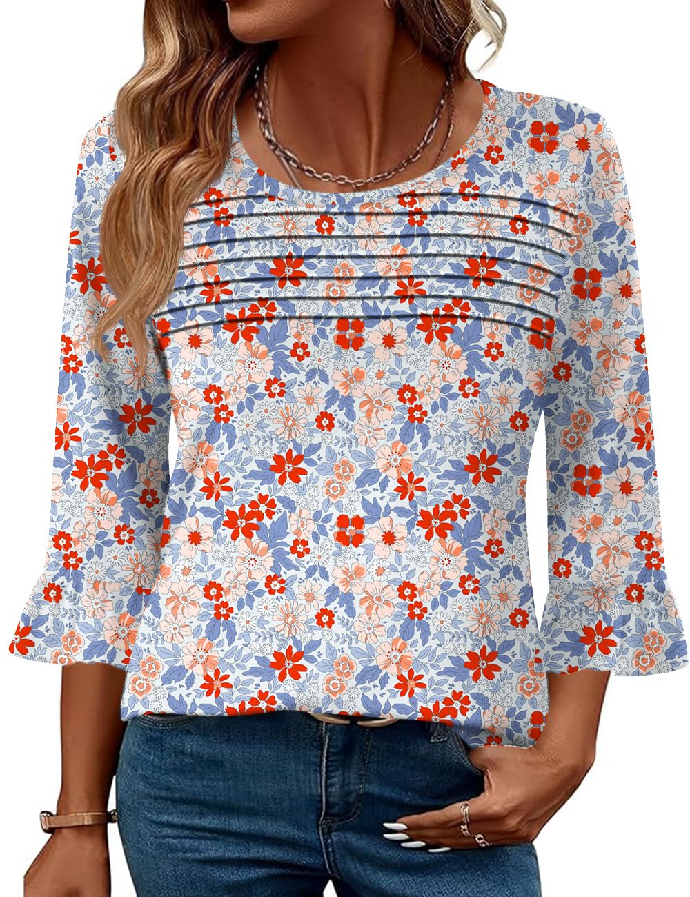 Blingfit Womens Tops 3/4 Length Sleeve Dressy Casual Shirts Bell Sleeve Front Pleated Fasion Trendy Summer Blouses 2026